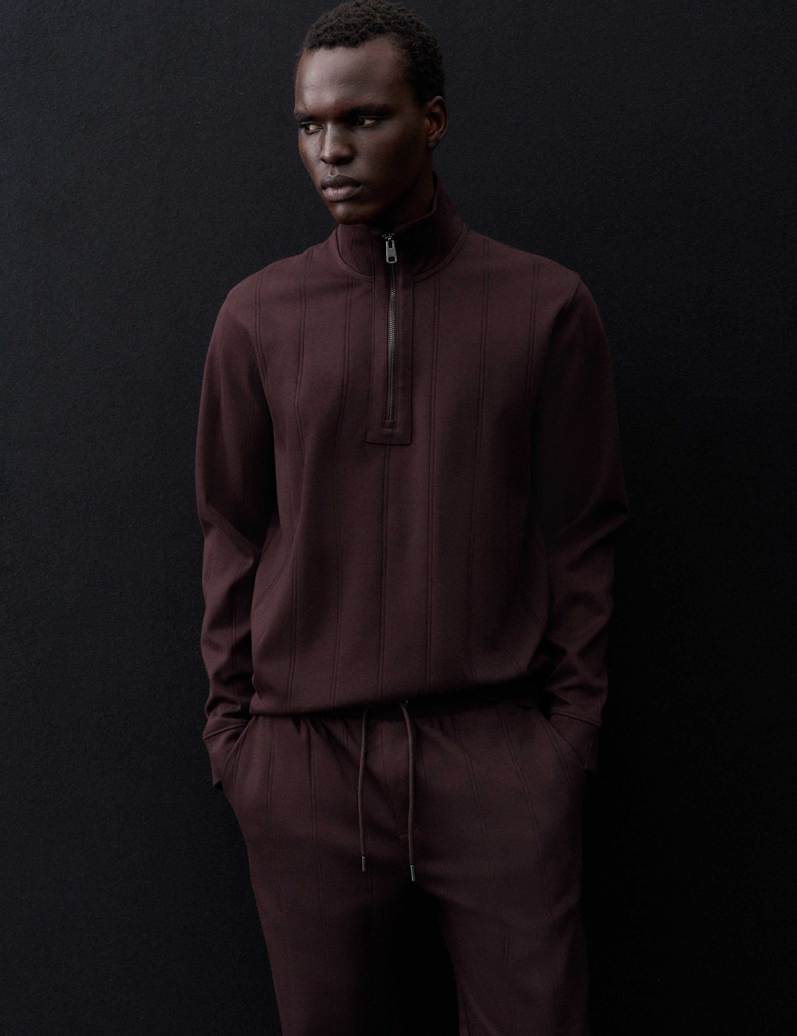 Pure Cotton Drop Needle Striped Half Zip Jacket