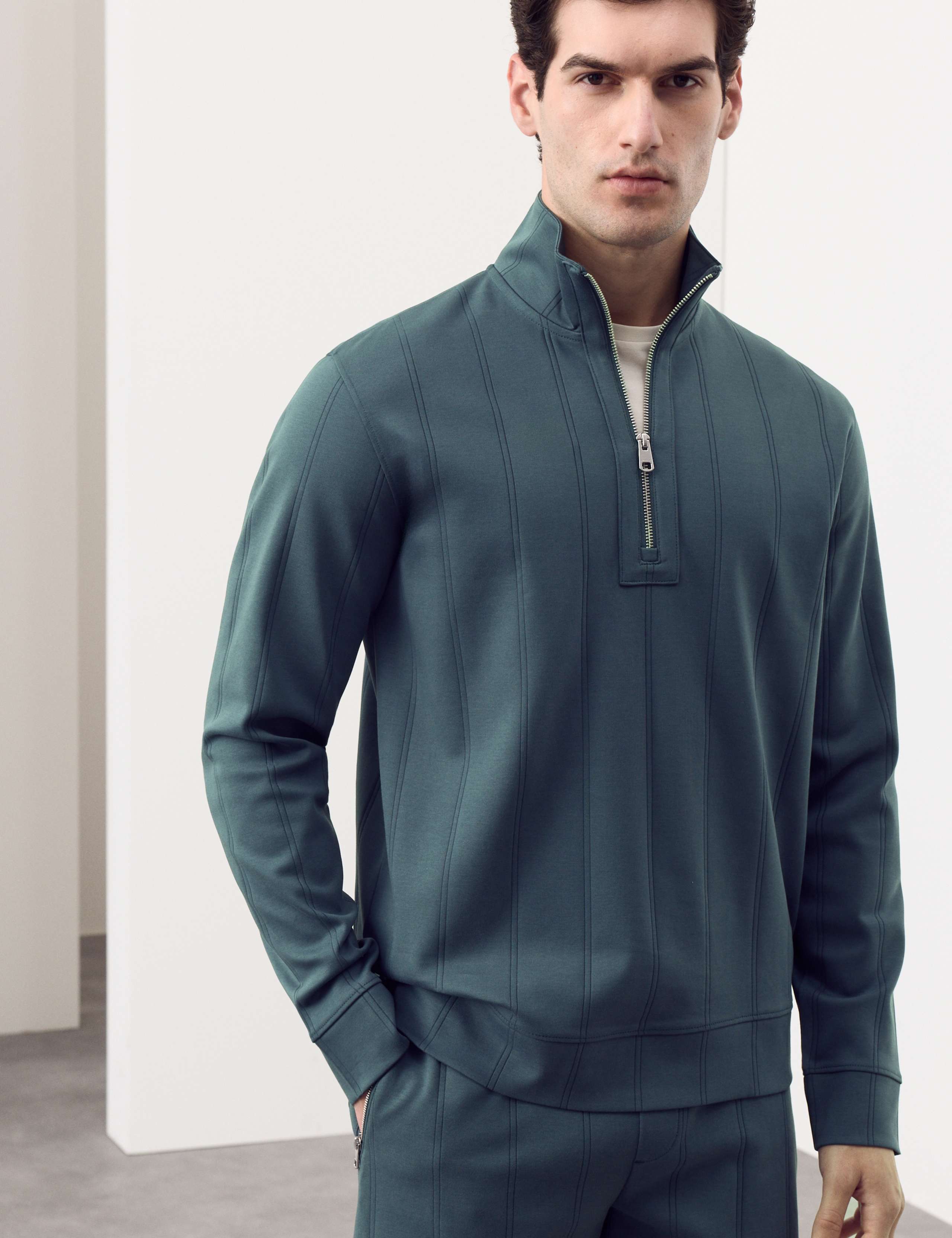 Pure Cotton Textured Striped Half Zip Jacket