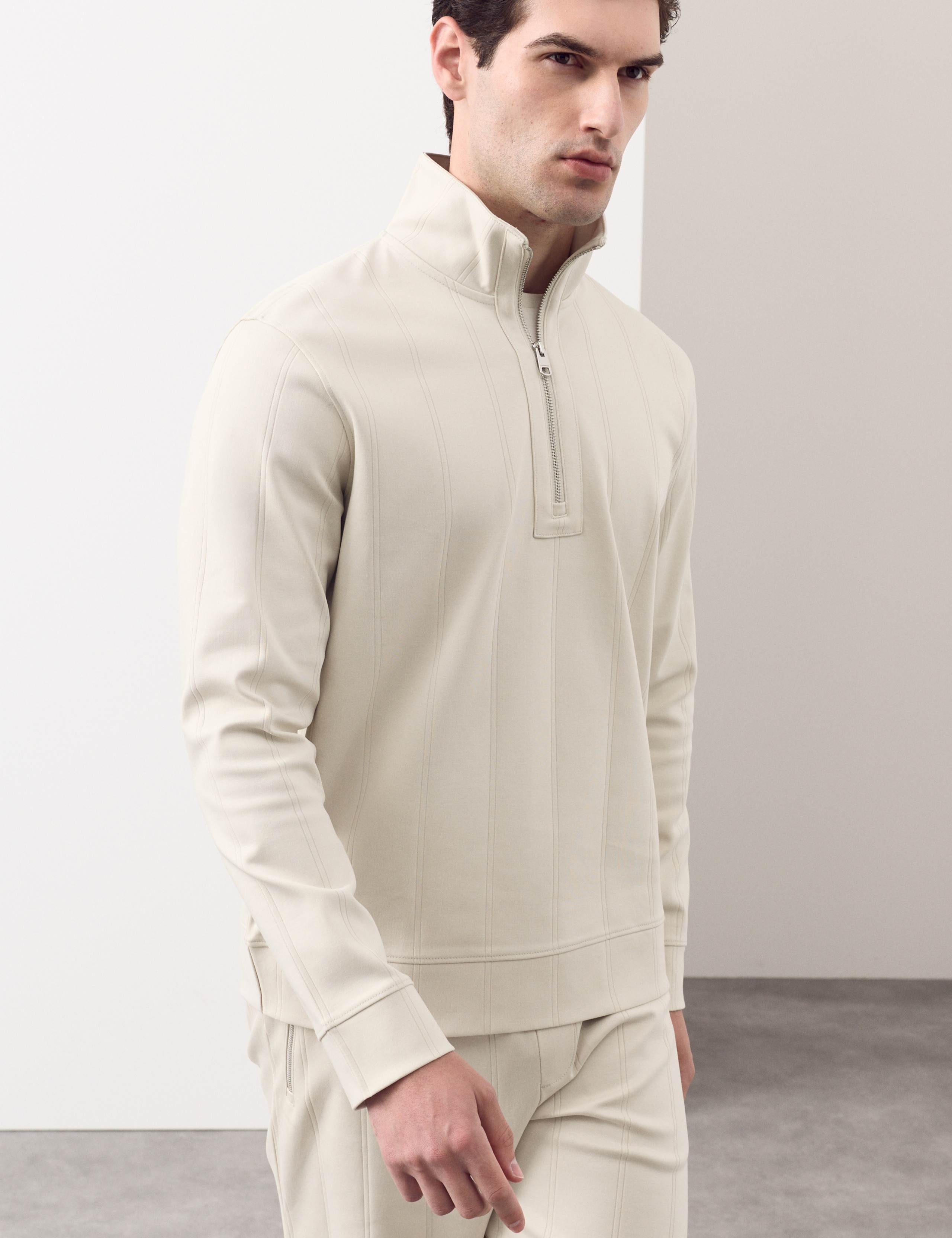 Pure Cotton Textured Striped Half Zip Jacket