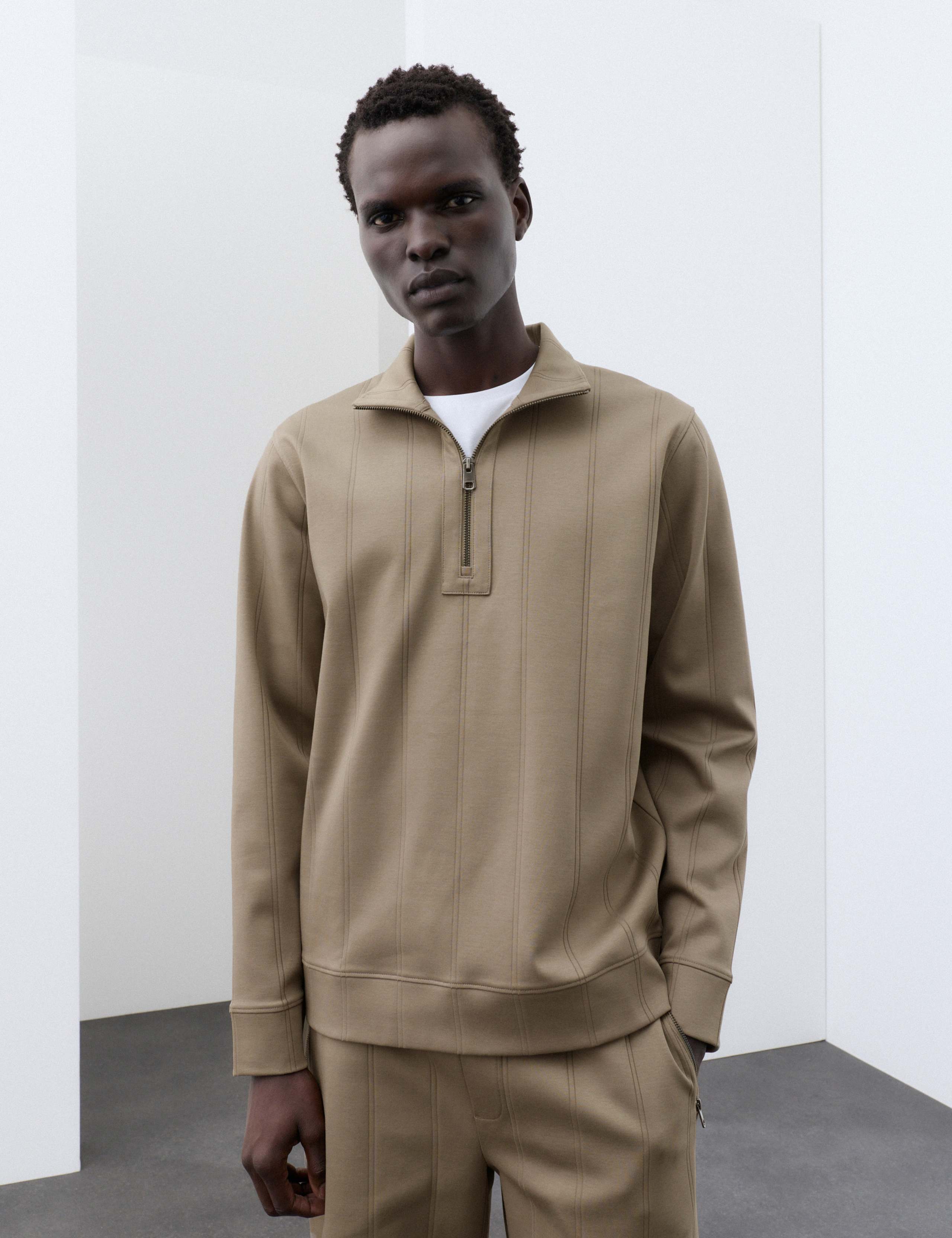 Pure Cotton Textured Striped Half Zip Jacket