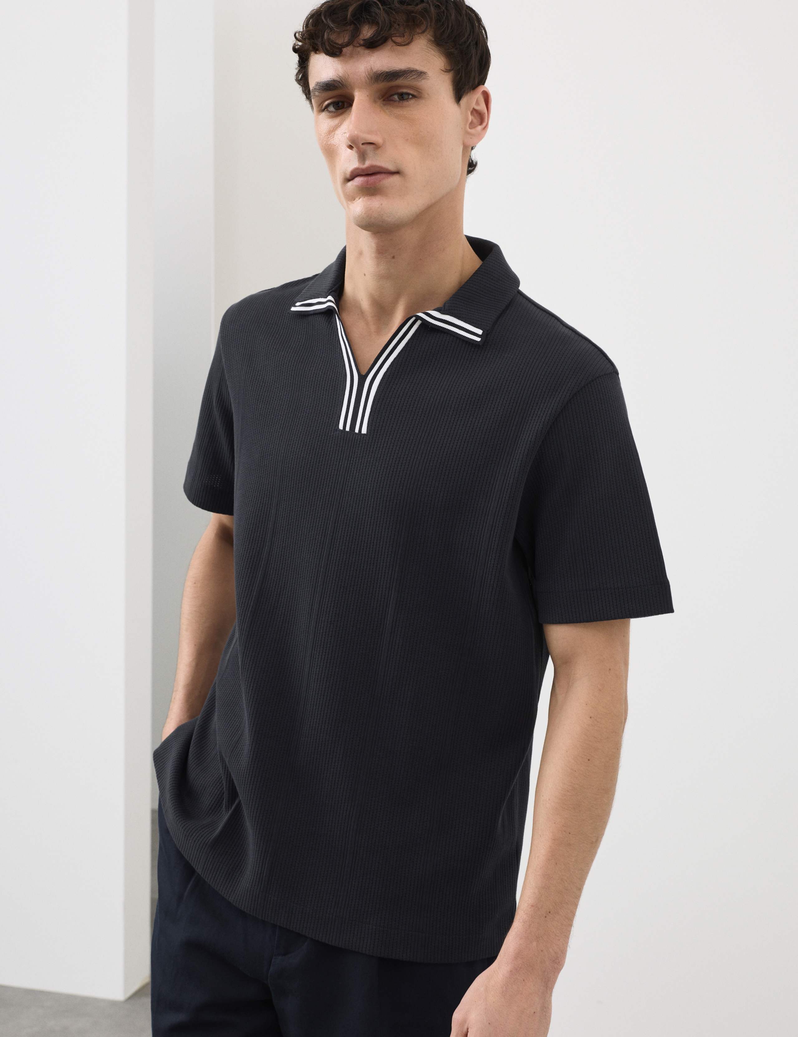 Pure Cotton Vertical Pointelle Polo Shirt