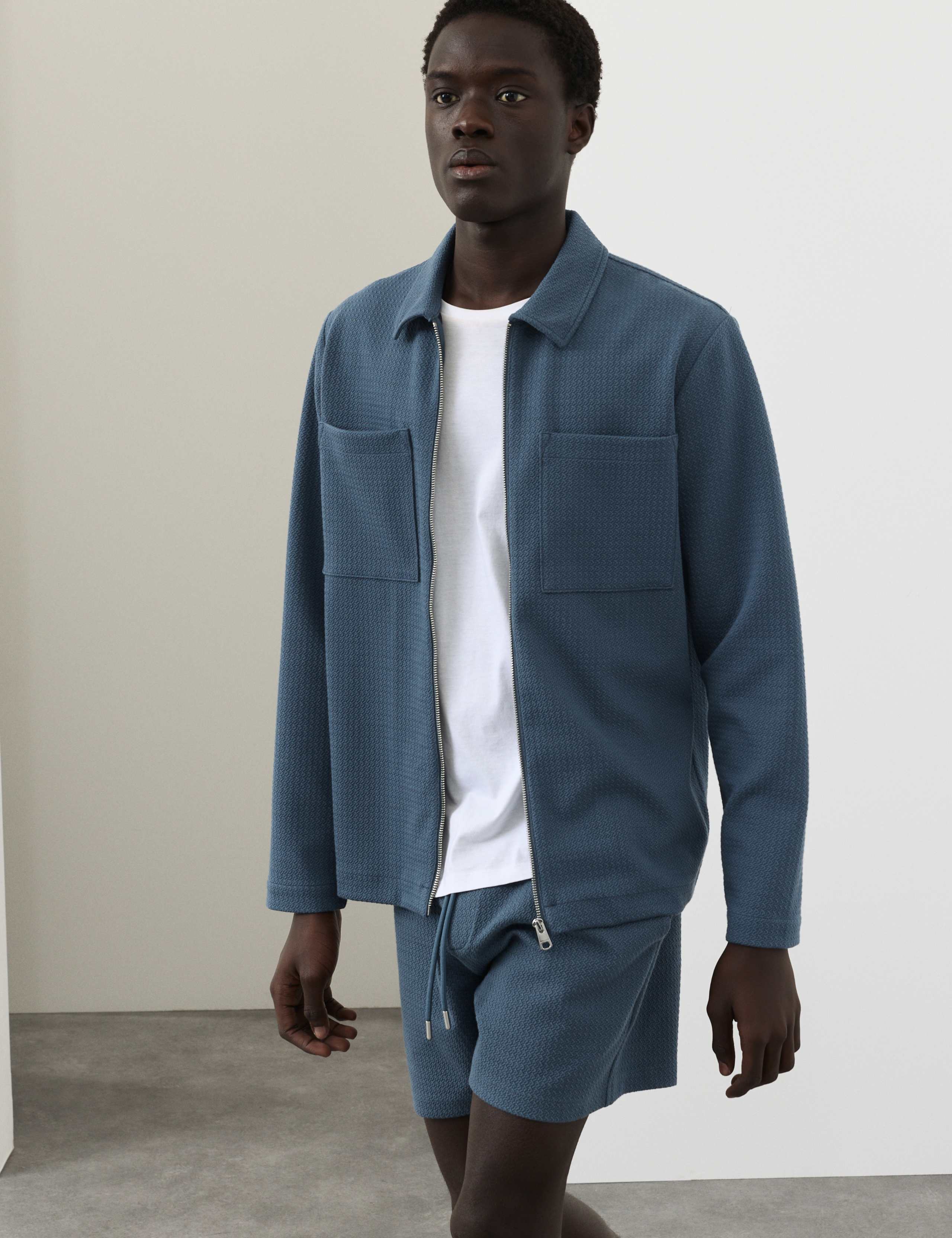 Cotton Blend Zip Up Textured Jacket