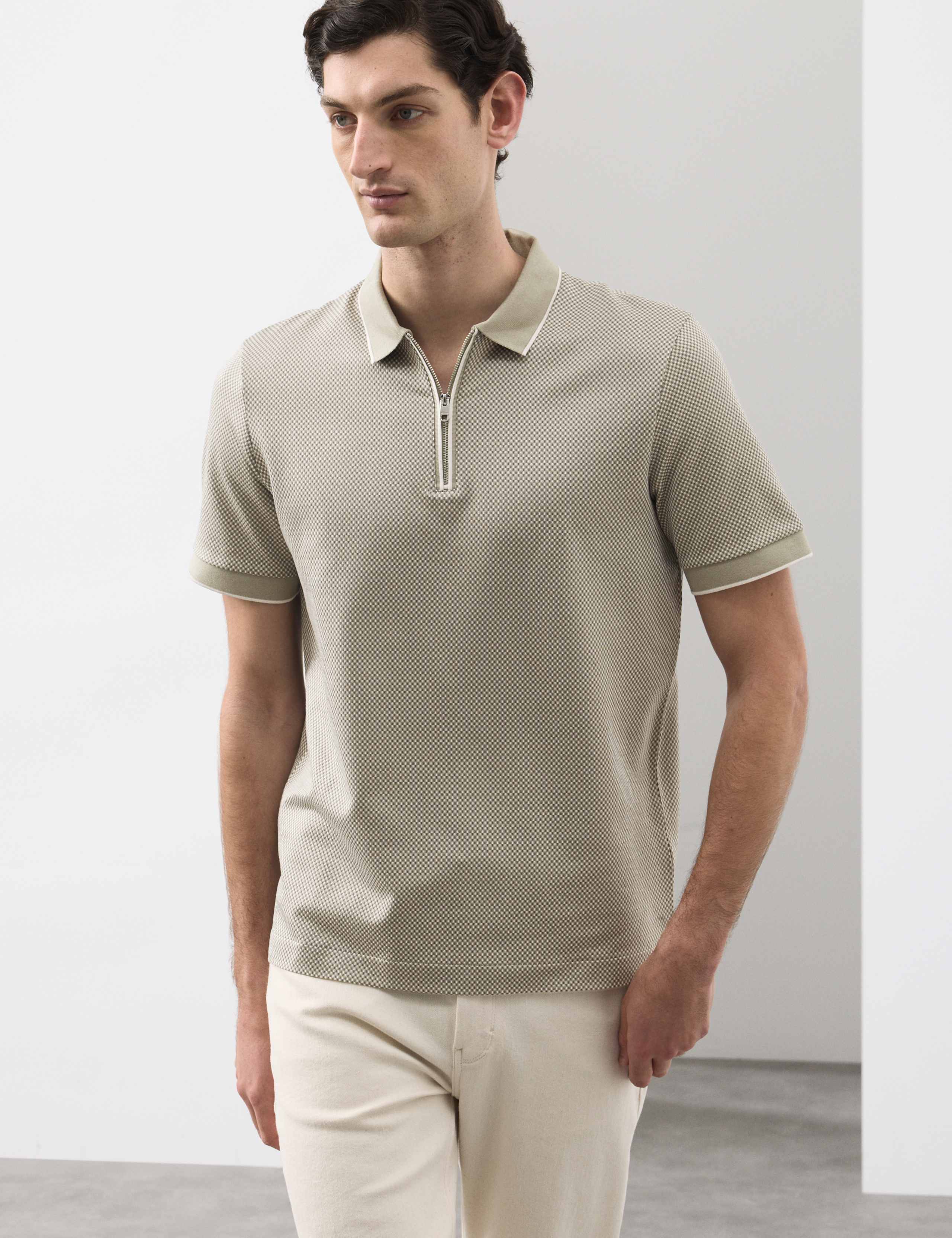 Pure Supima® CottonJacquard Zip Up Polo Shirt