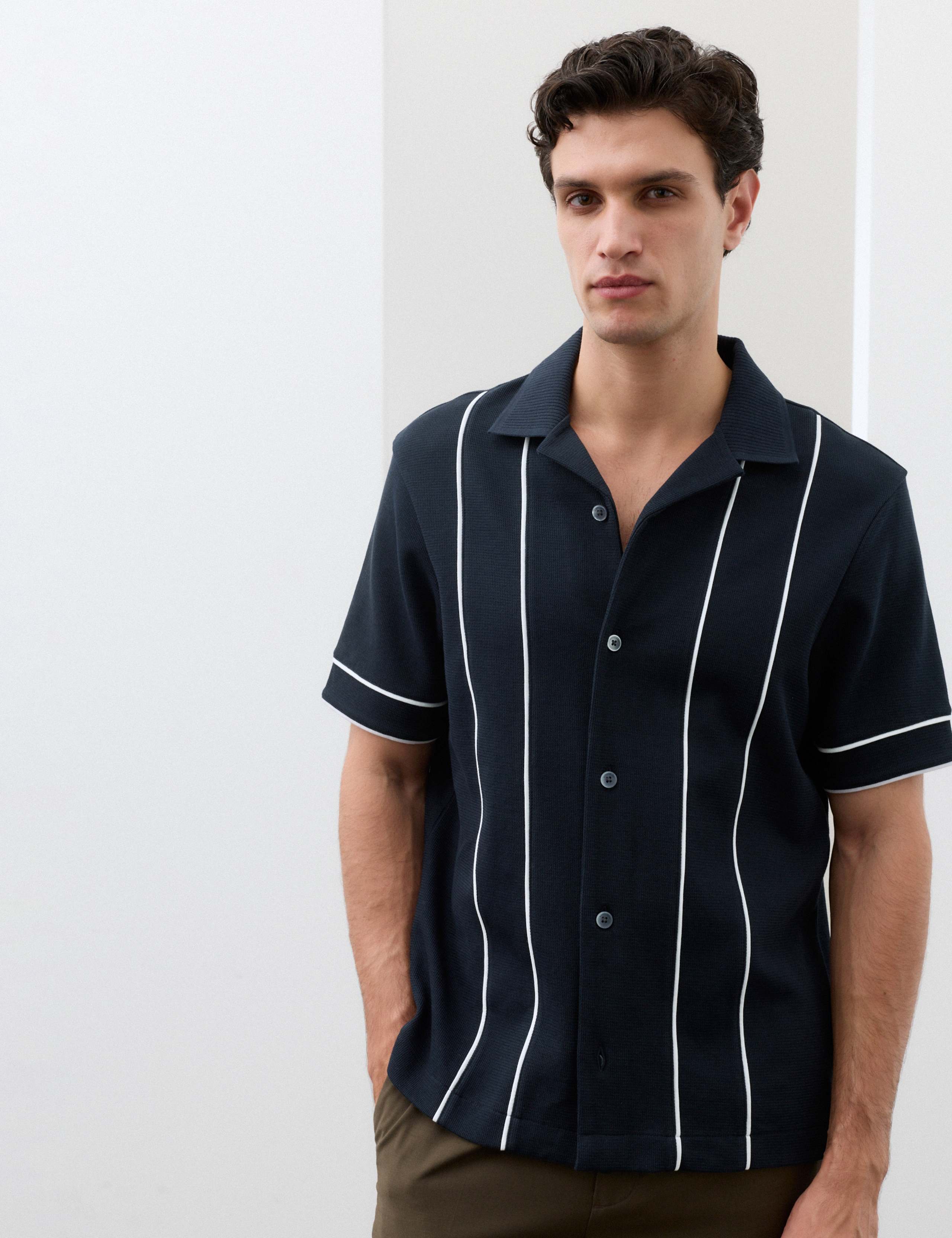 Cotton Rich Piped Stripe Knitted Polo Shirt