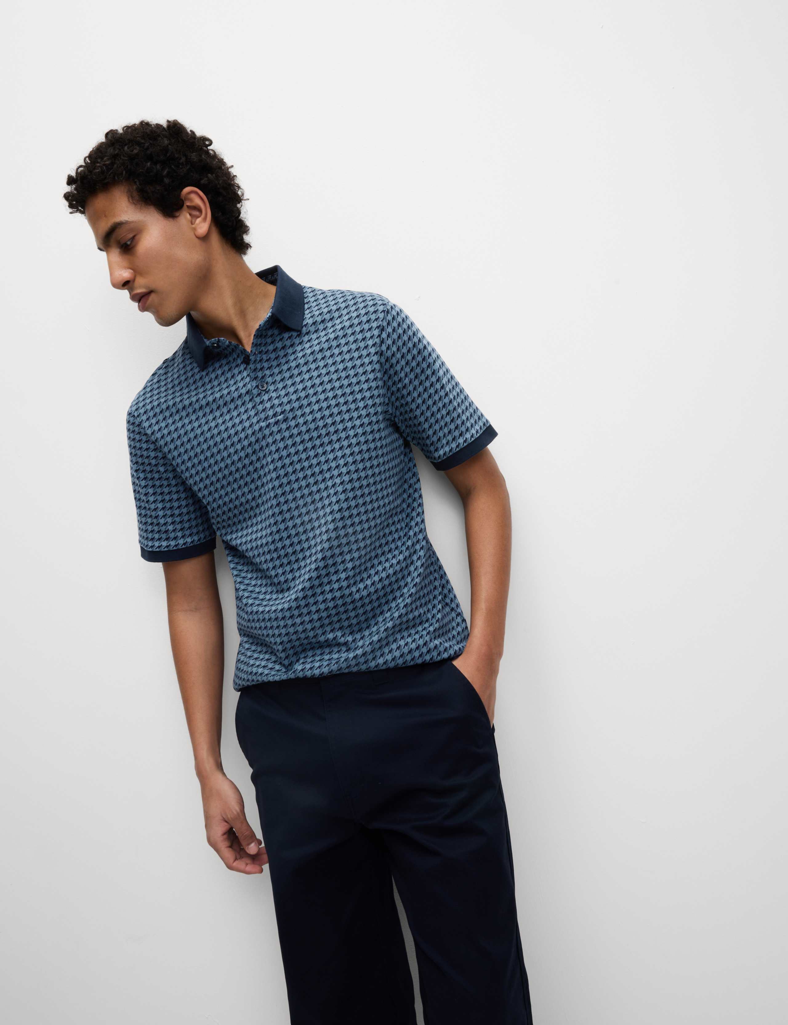 Pure Cotton Houndstooth Print Polo Shirt