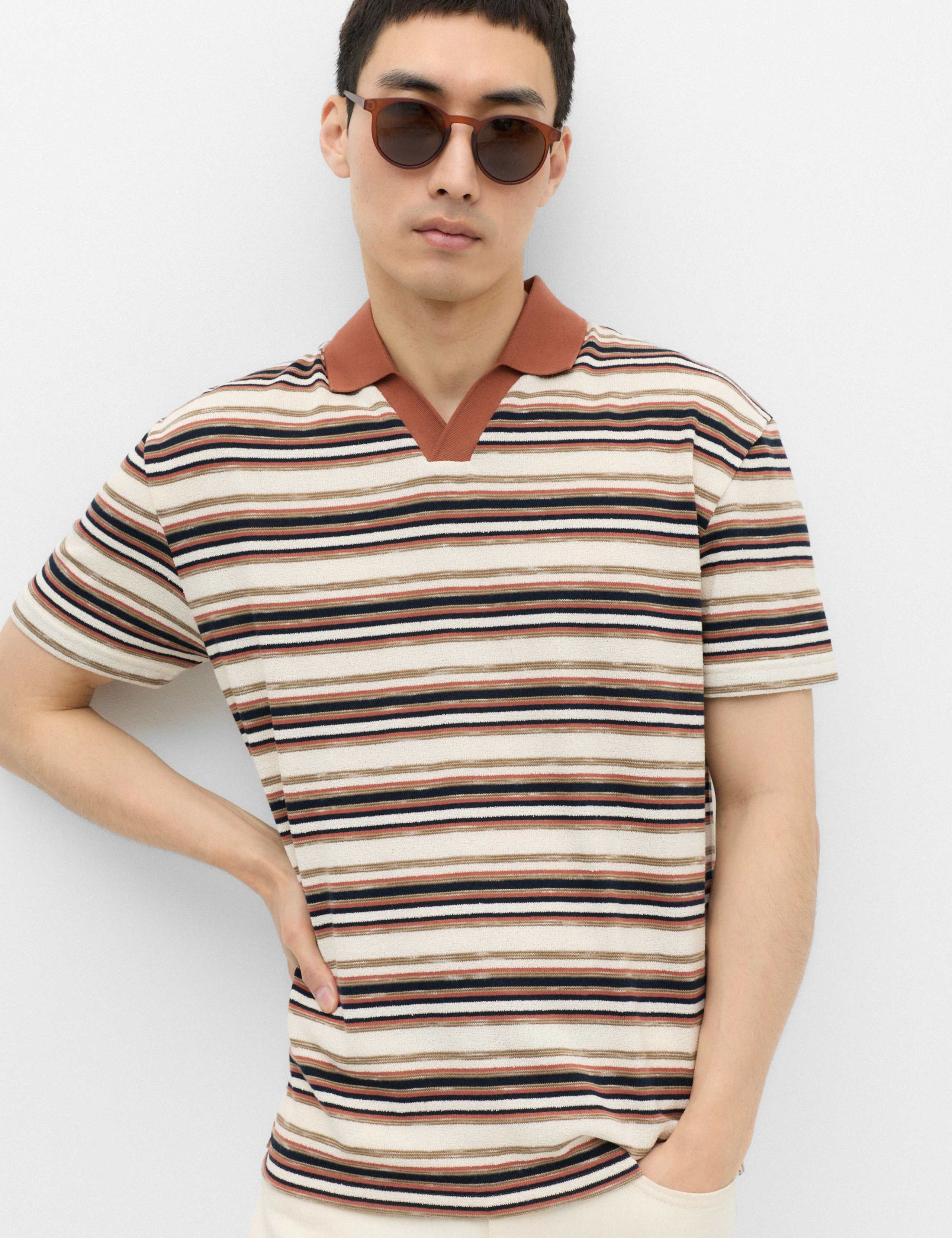 Cotton Blend Crepe Notch Neck Polo Shirt