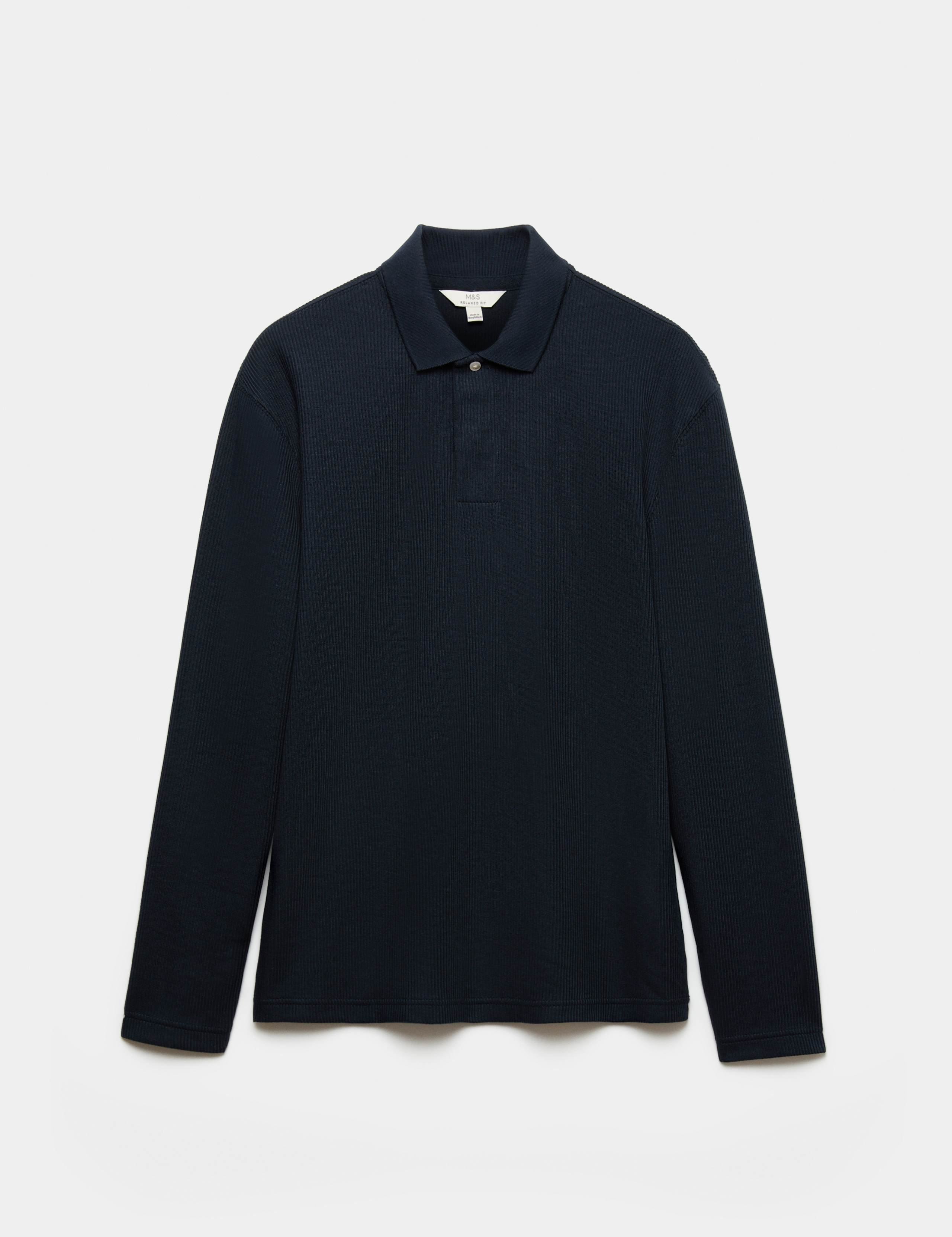 Cotton Blend Ribbed Long Sleeve Polo Shirt