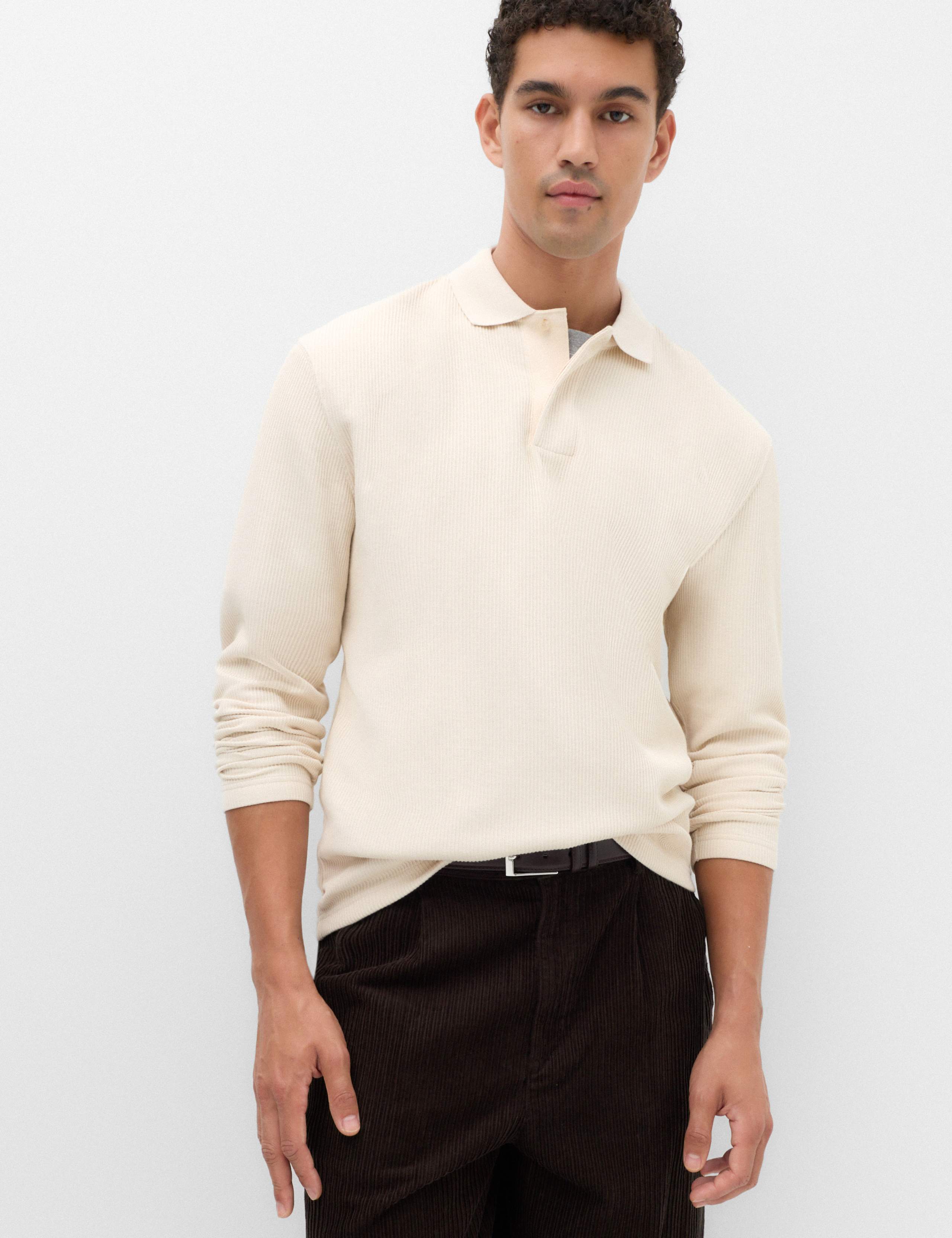 Cotton Blend Ribbed Long Sleeve Polo Shirt