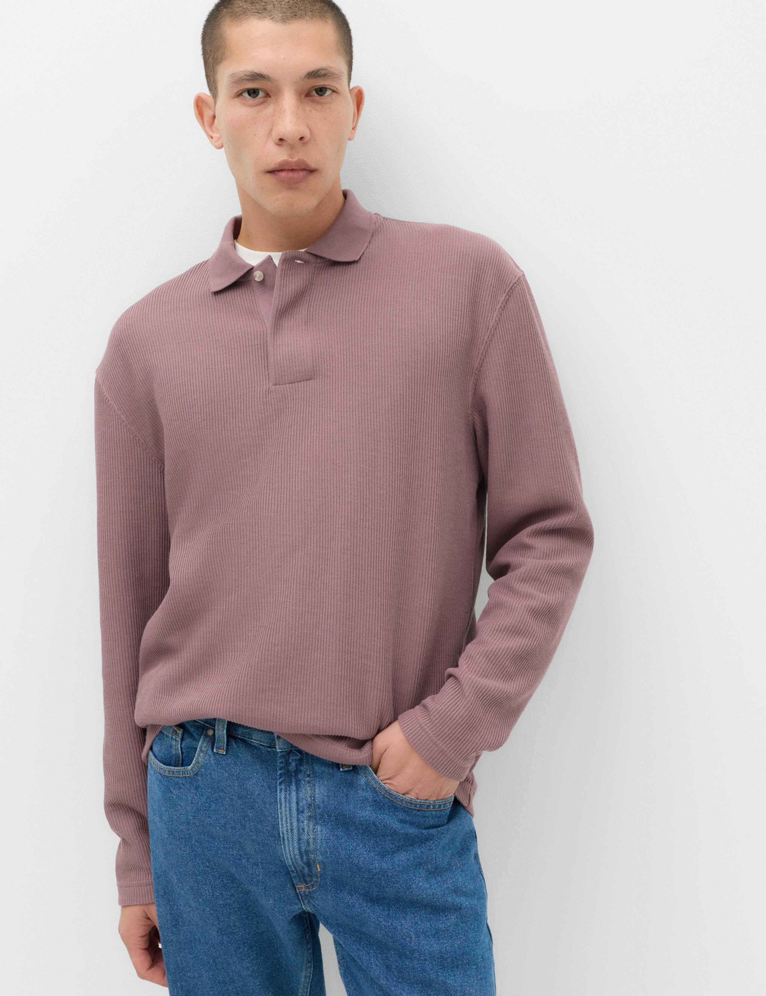 Cotton Blend Ribbed Long Sleeve Polo Shirt