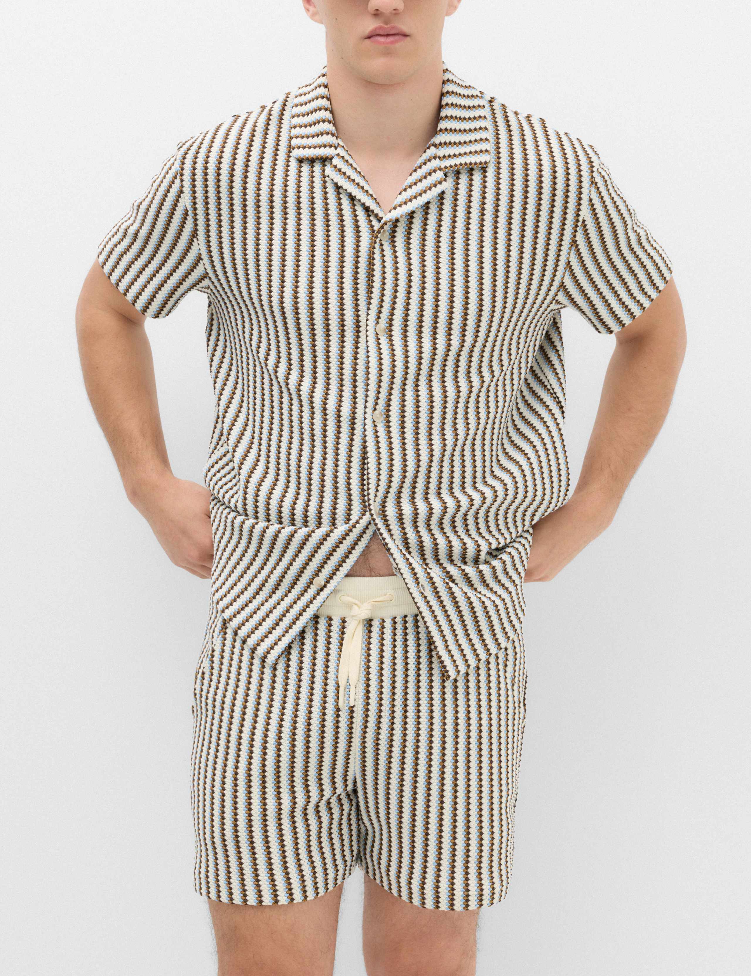 Striped Knit Textured Cotton Blend Shorts