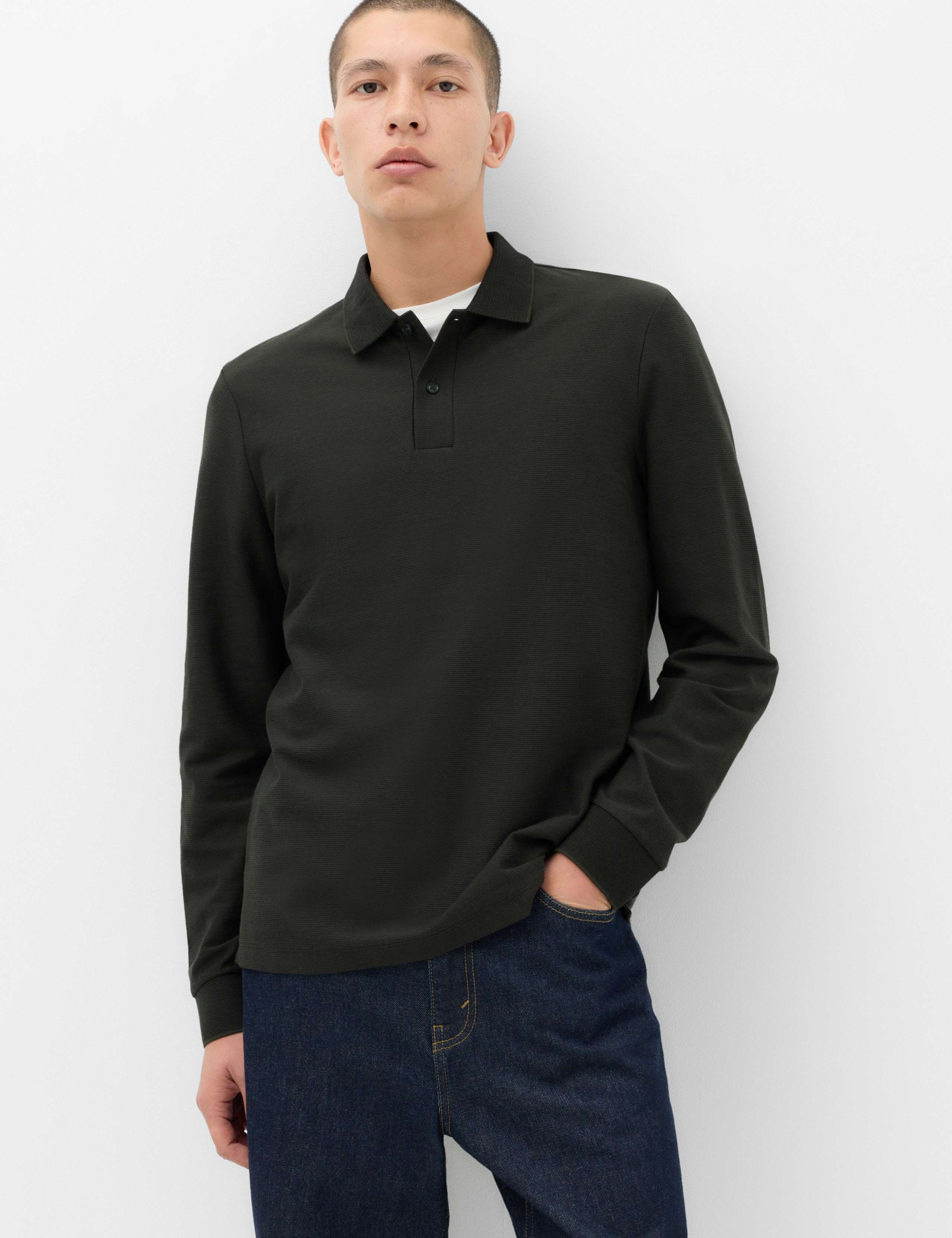 Cotton Rich Striped Long Sleeve Polo Shirt