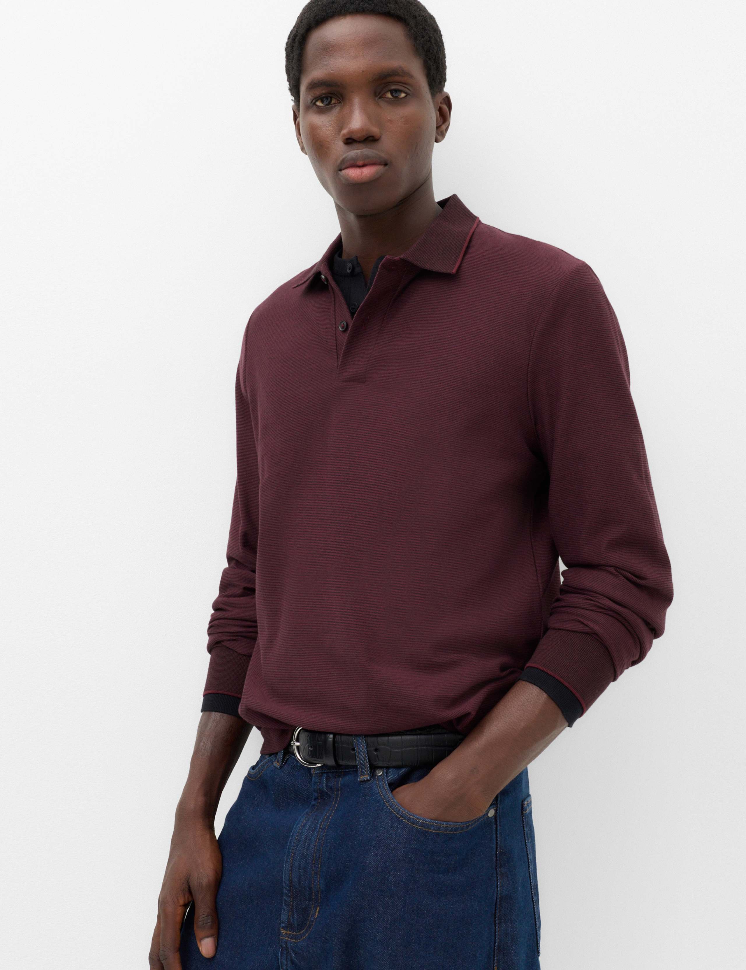 Cotton Rich Striped Long Sleeve Polo Shirt