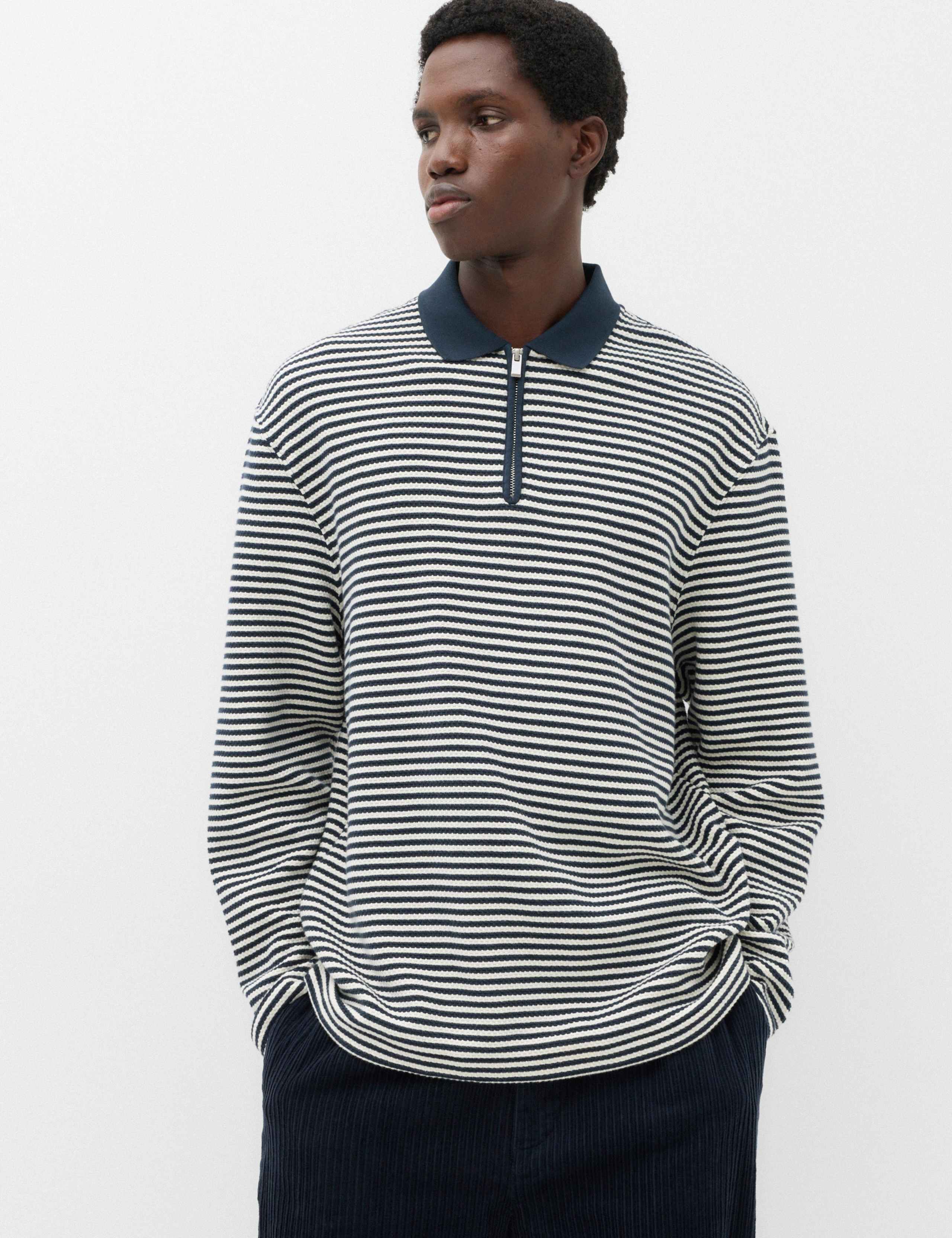 Pure Cotton Half Zip Striped Polo Shirt