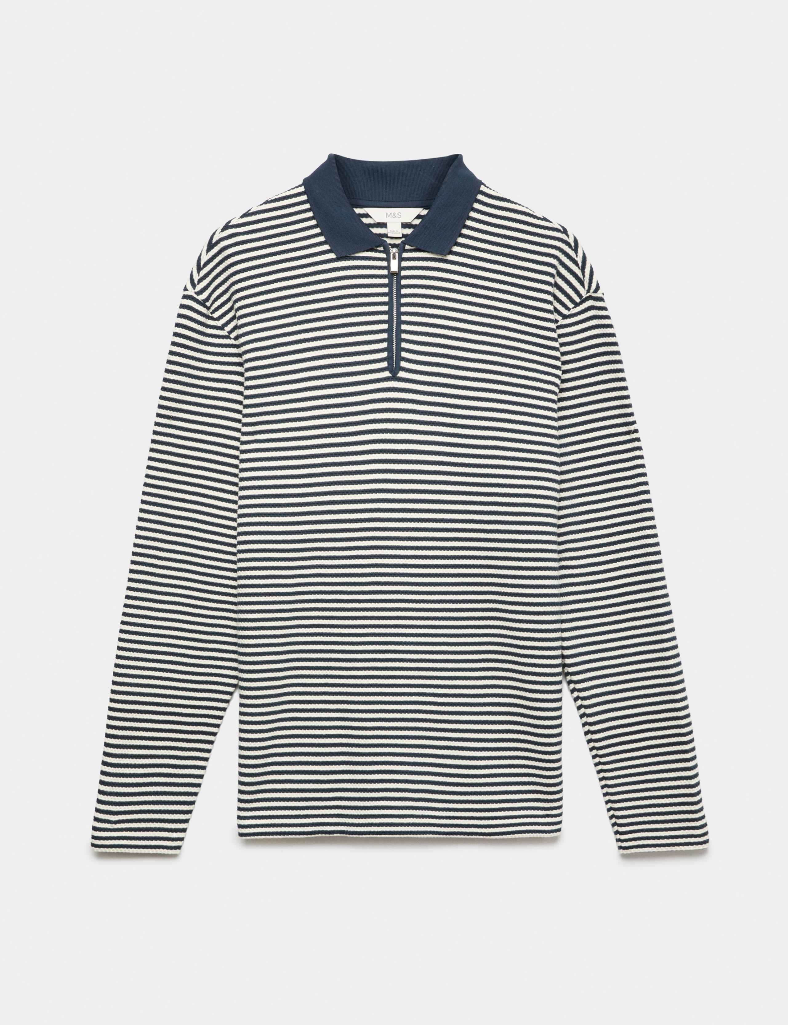 Pure Cotton Half Zip Striped Polo Shirt