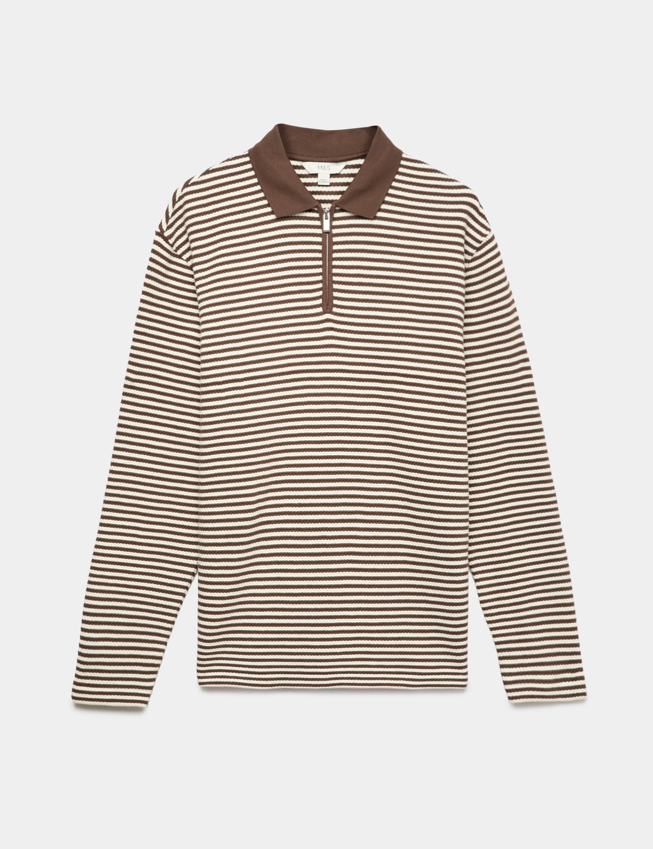 Pure Cotton Half Zip Striped Polo Shirt