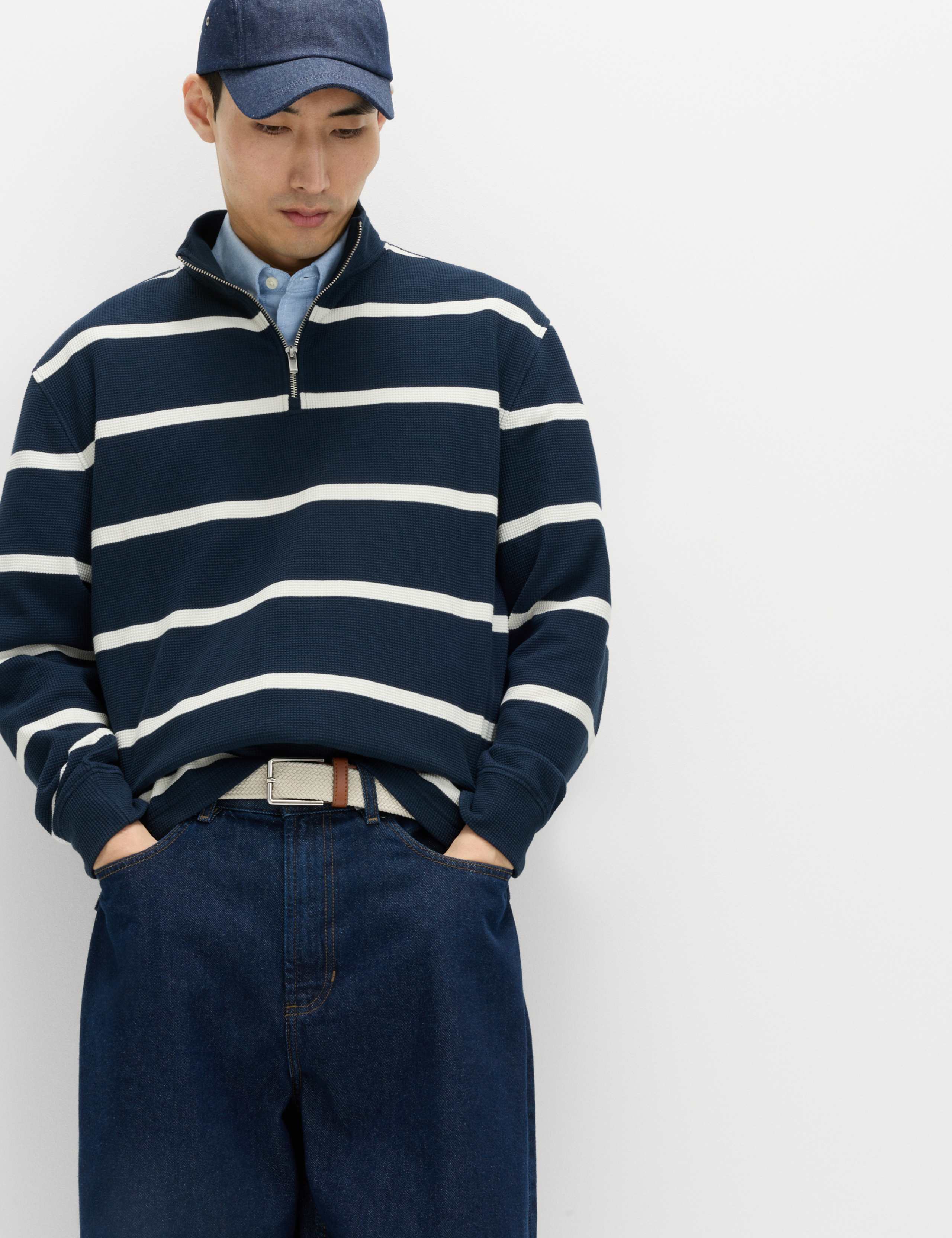 Cotton Rich Waffle Striped Half Zip Sweatshirt