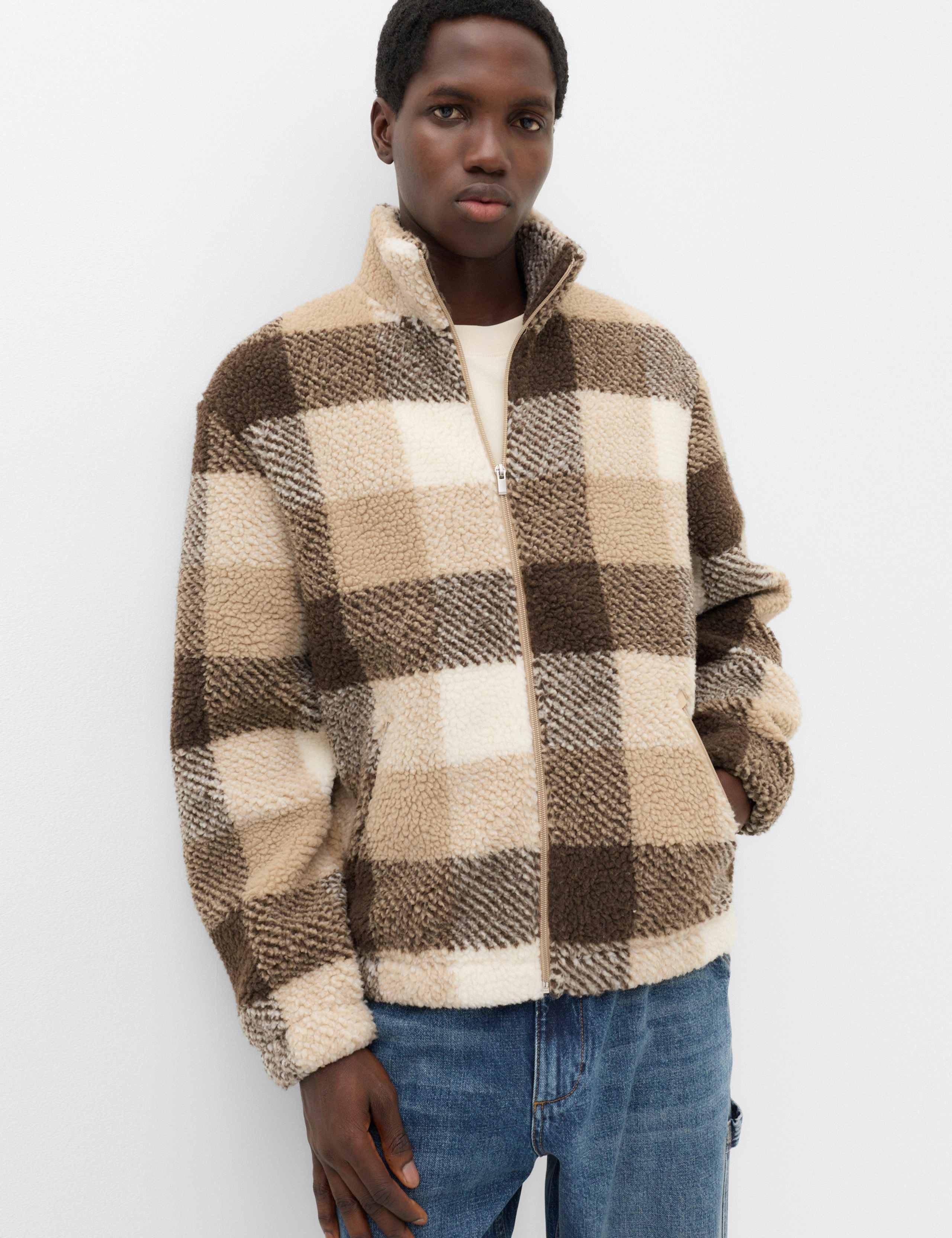 Checked Funnel Neck Zip Up Fleece