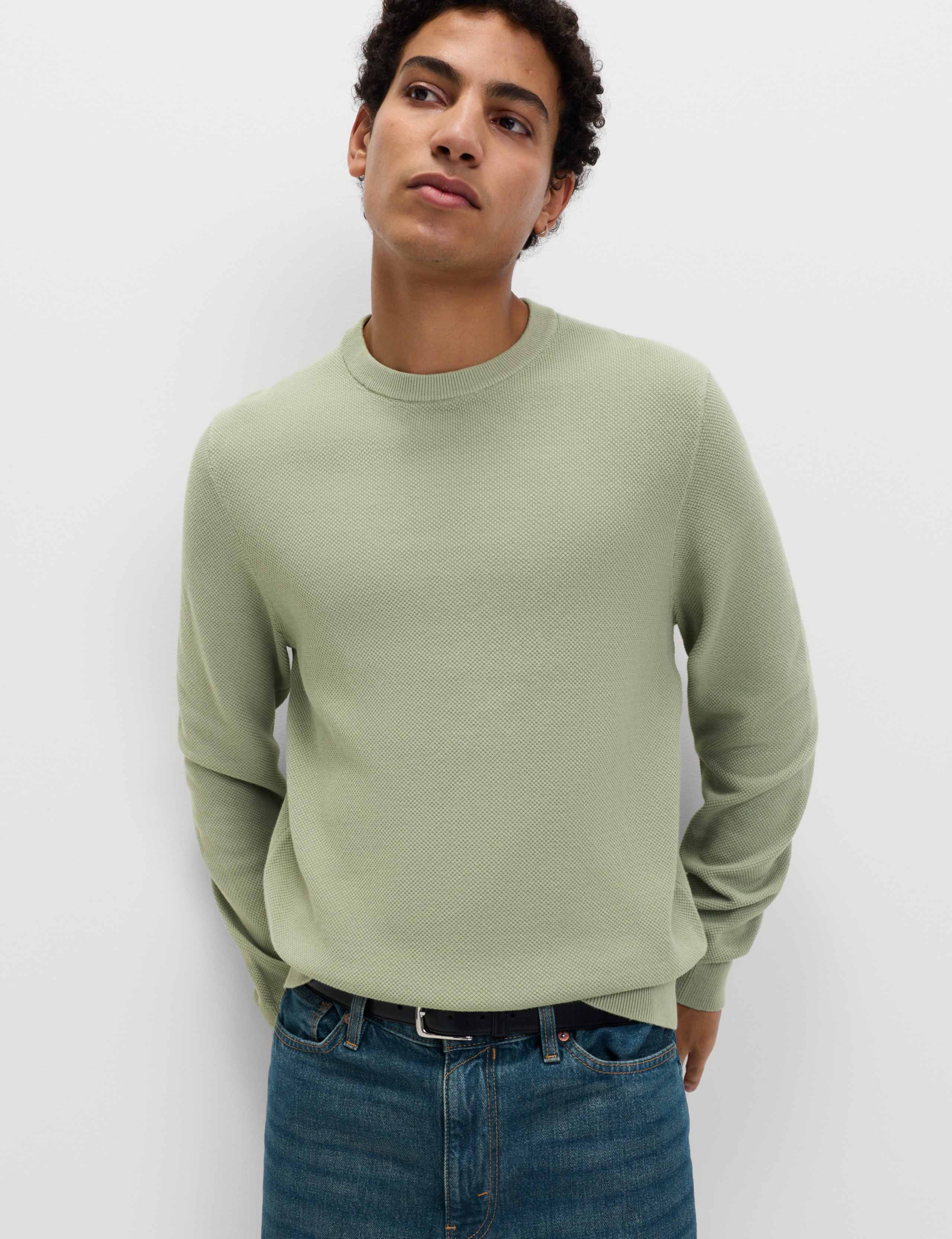 Pure Cotton Textured Crew Neck Jumper