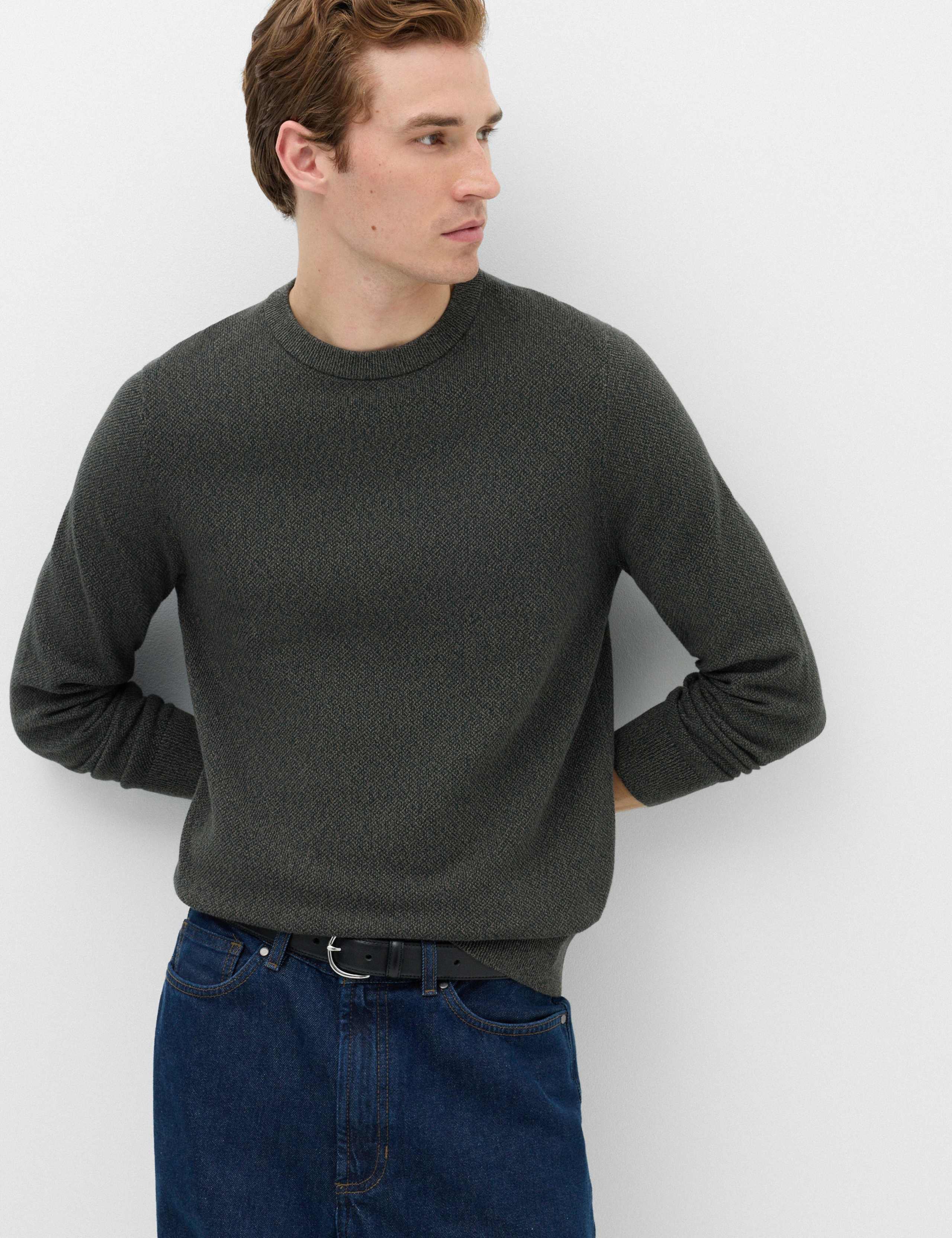 Pure Cotton Textured Crew Neck Jumper