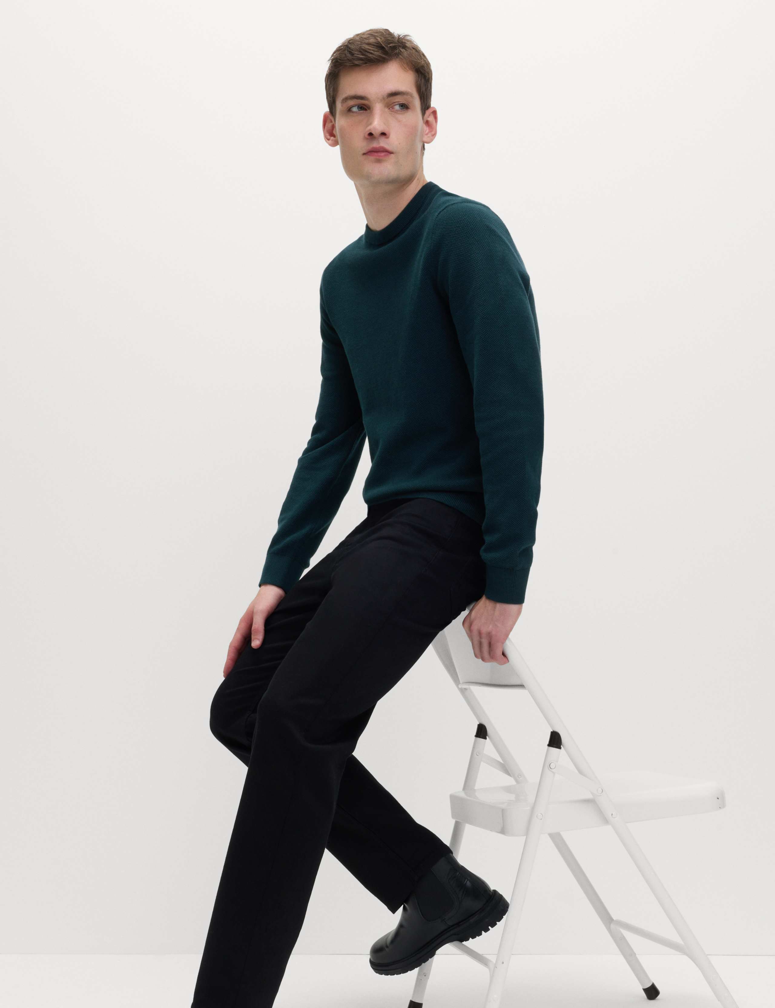 Pure Cotton Textured Crew Neck Jumper