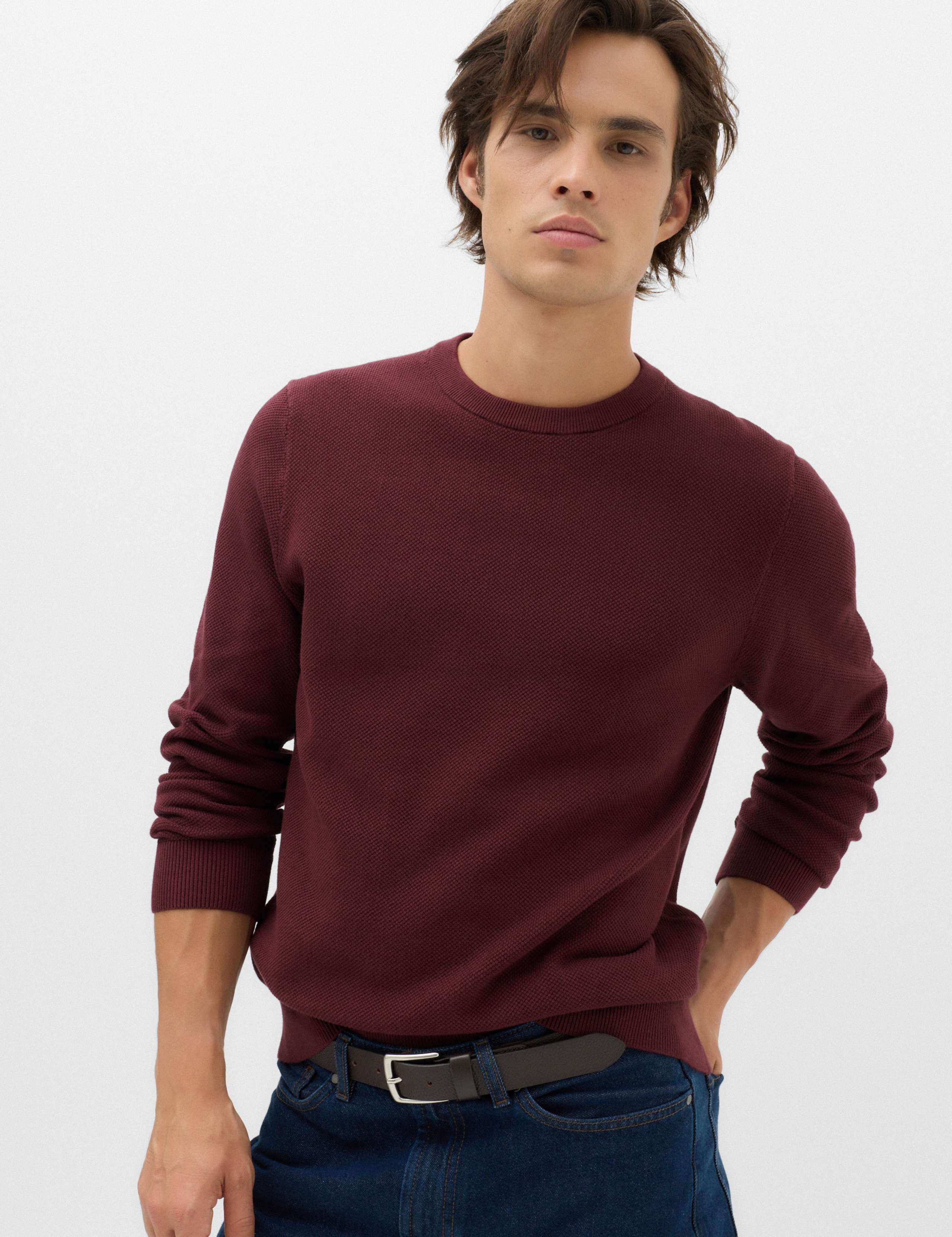 Pure Cotton Textured Crew Neck Jumper