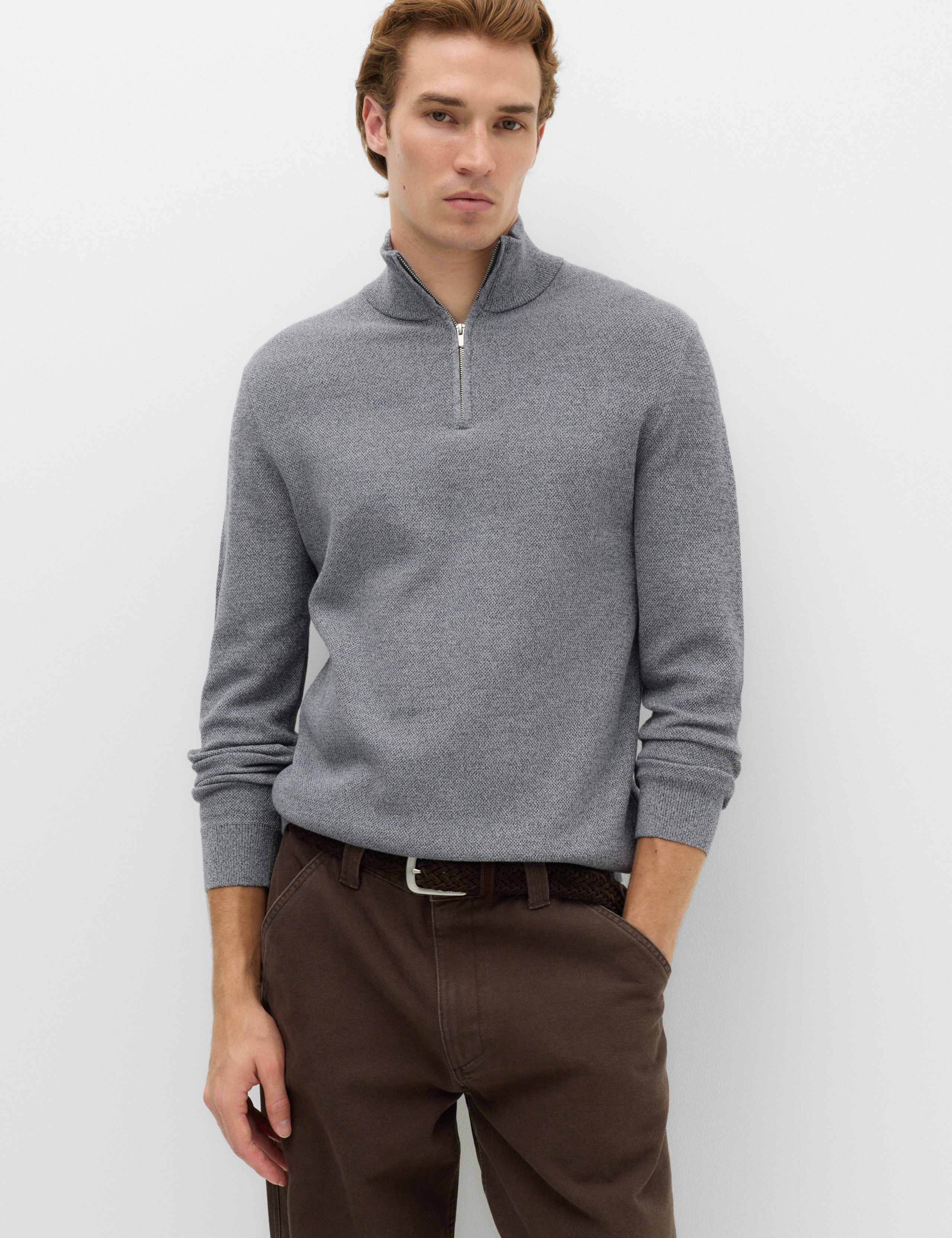 Pure Cotton Textured Half Zip Jumper