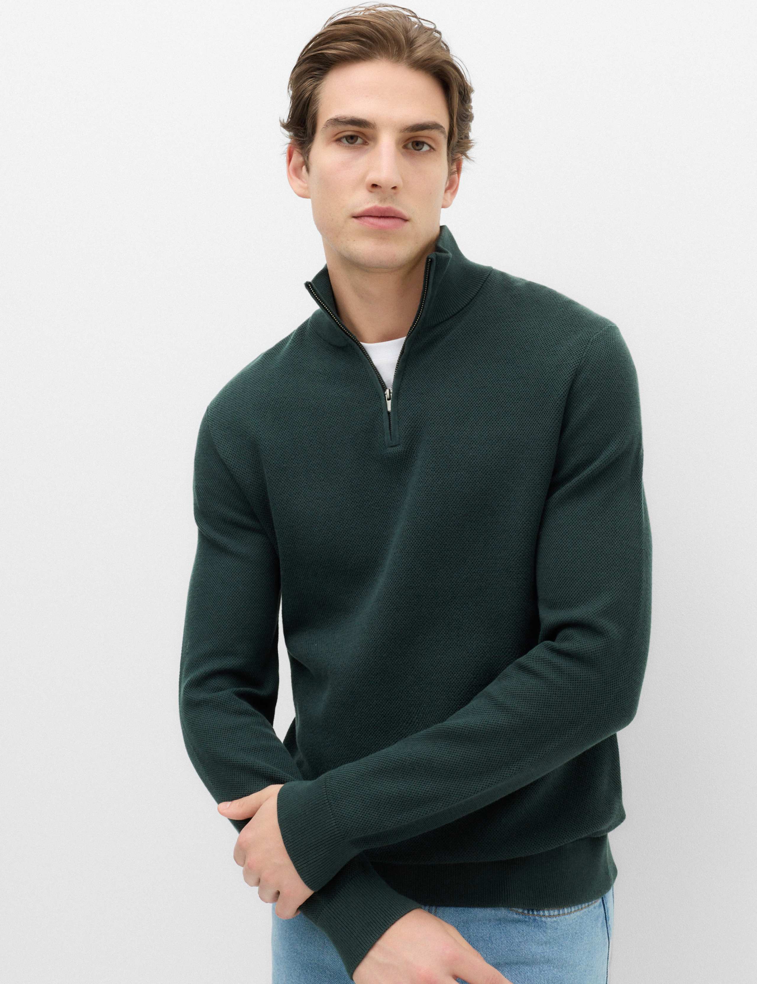 Pure Cotton Textured Half Zip Jumper