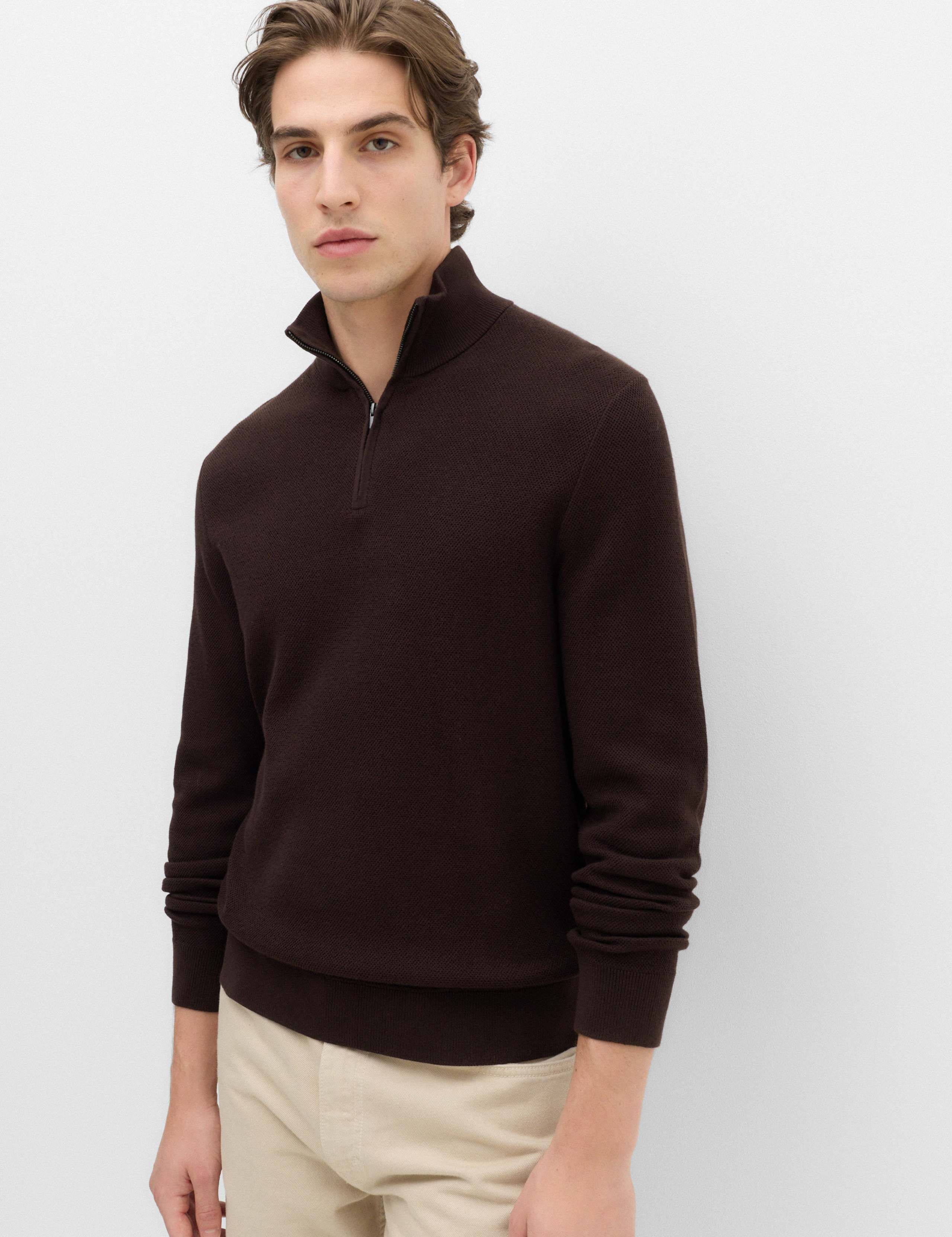 Pure Cotton Textured Half Zip Jumper