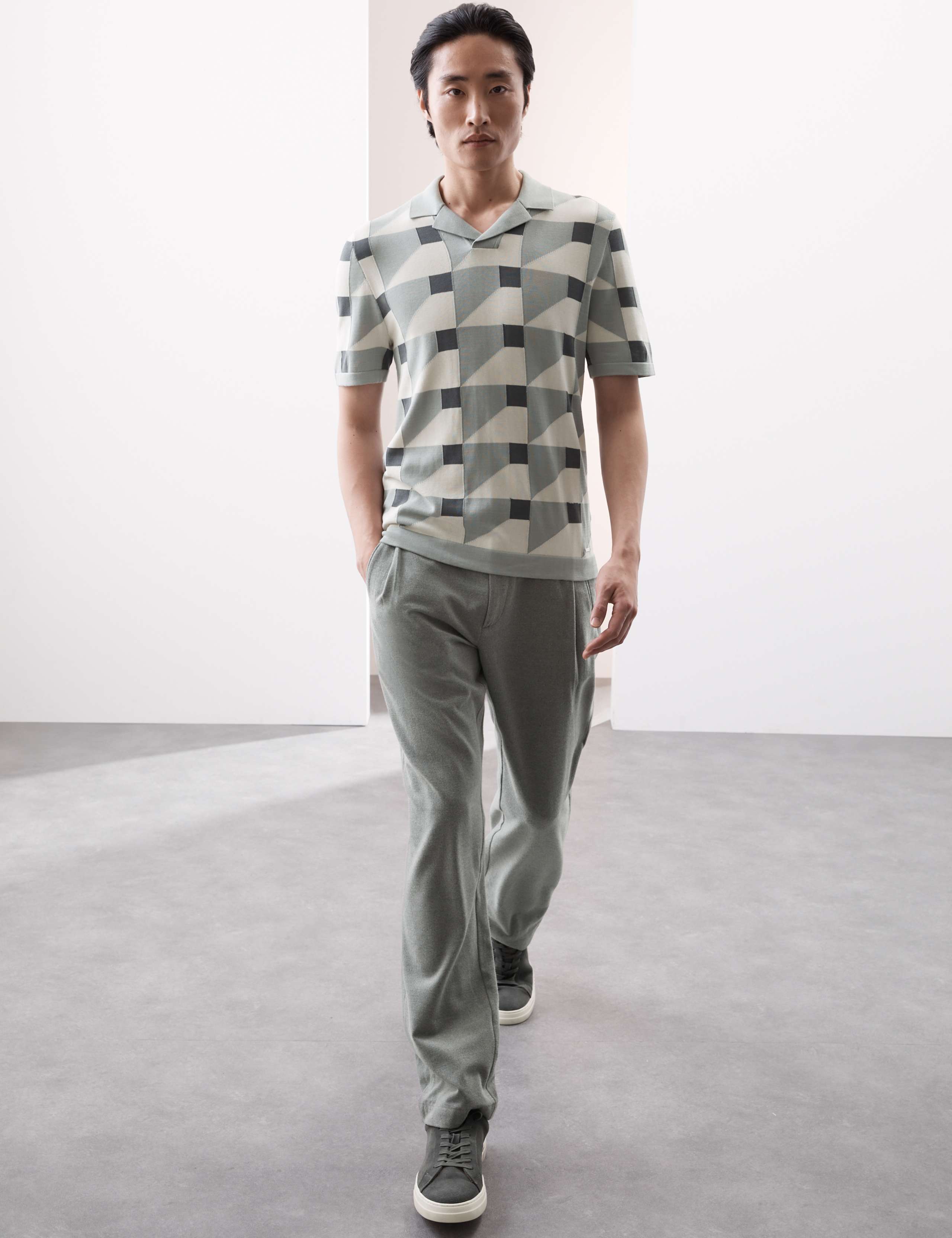 Pure Cotton Geometric Knitted Polo Shirt