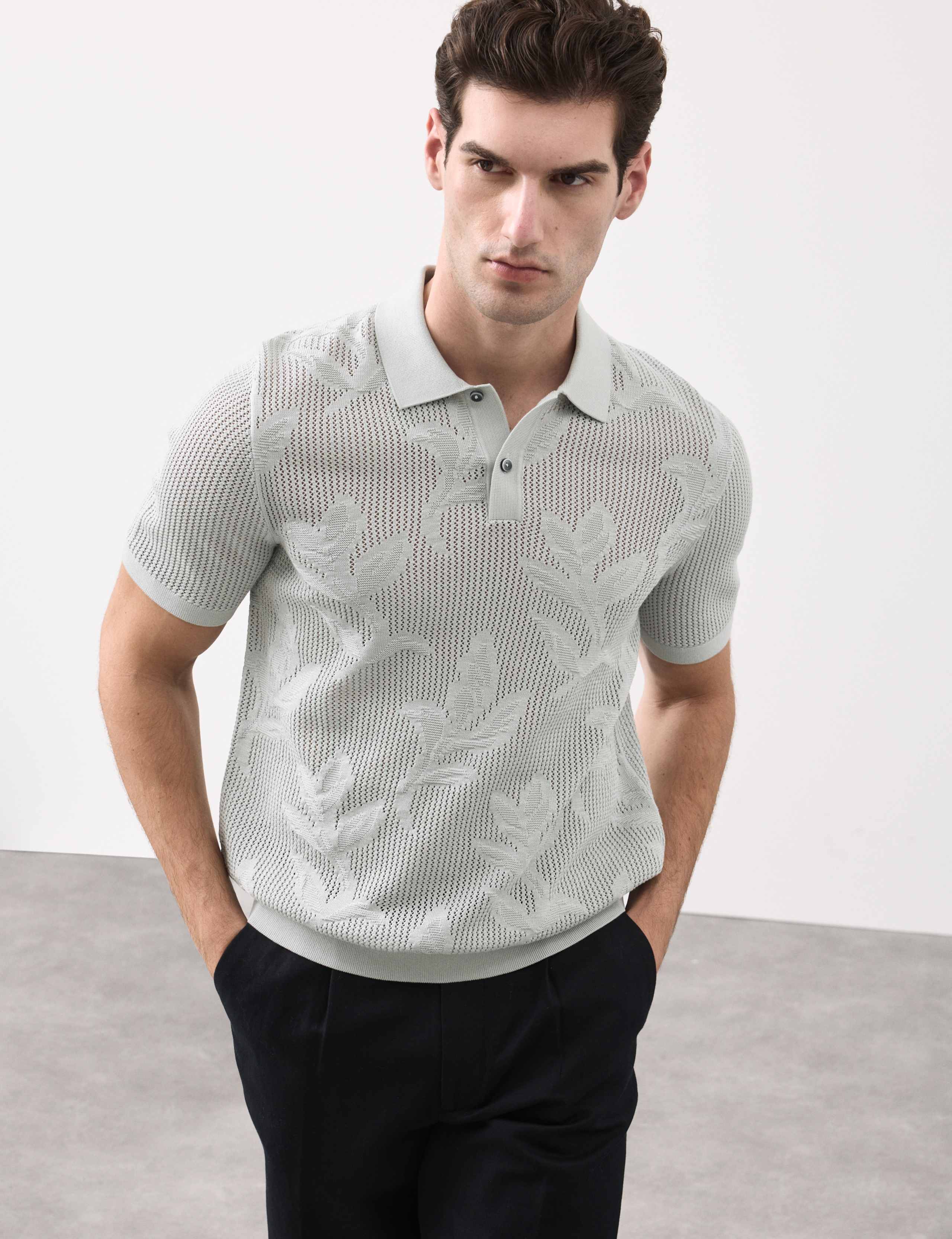 Pure Cotton Floral Pointelle Polo Shirt