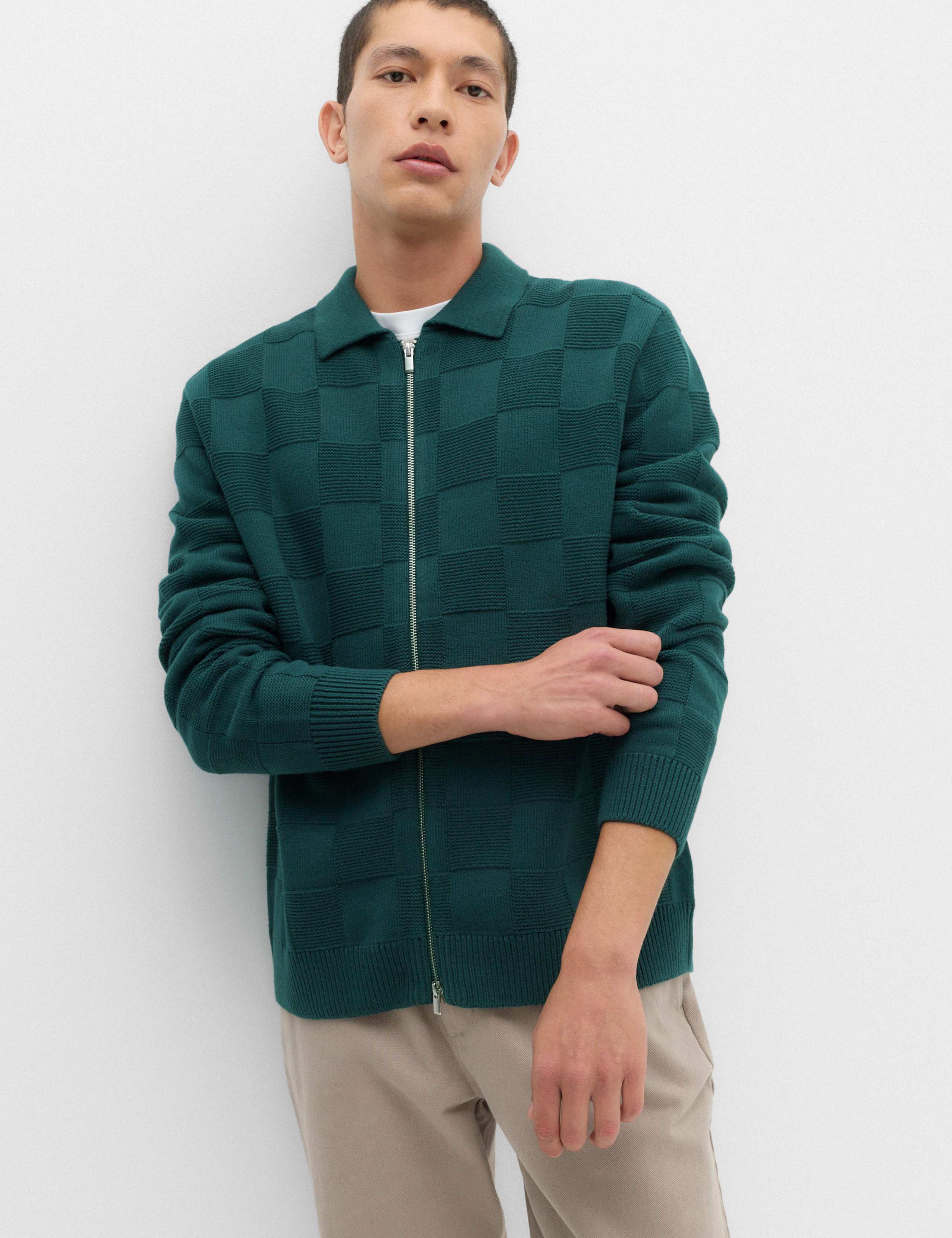 Cotton Rich Checked Zip Up Knitted Jacket