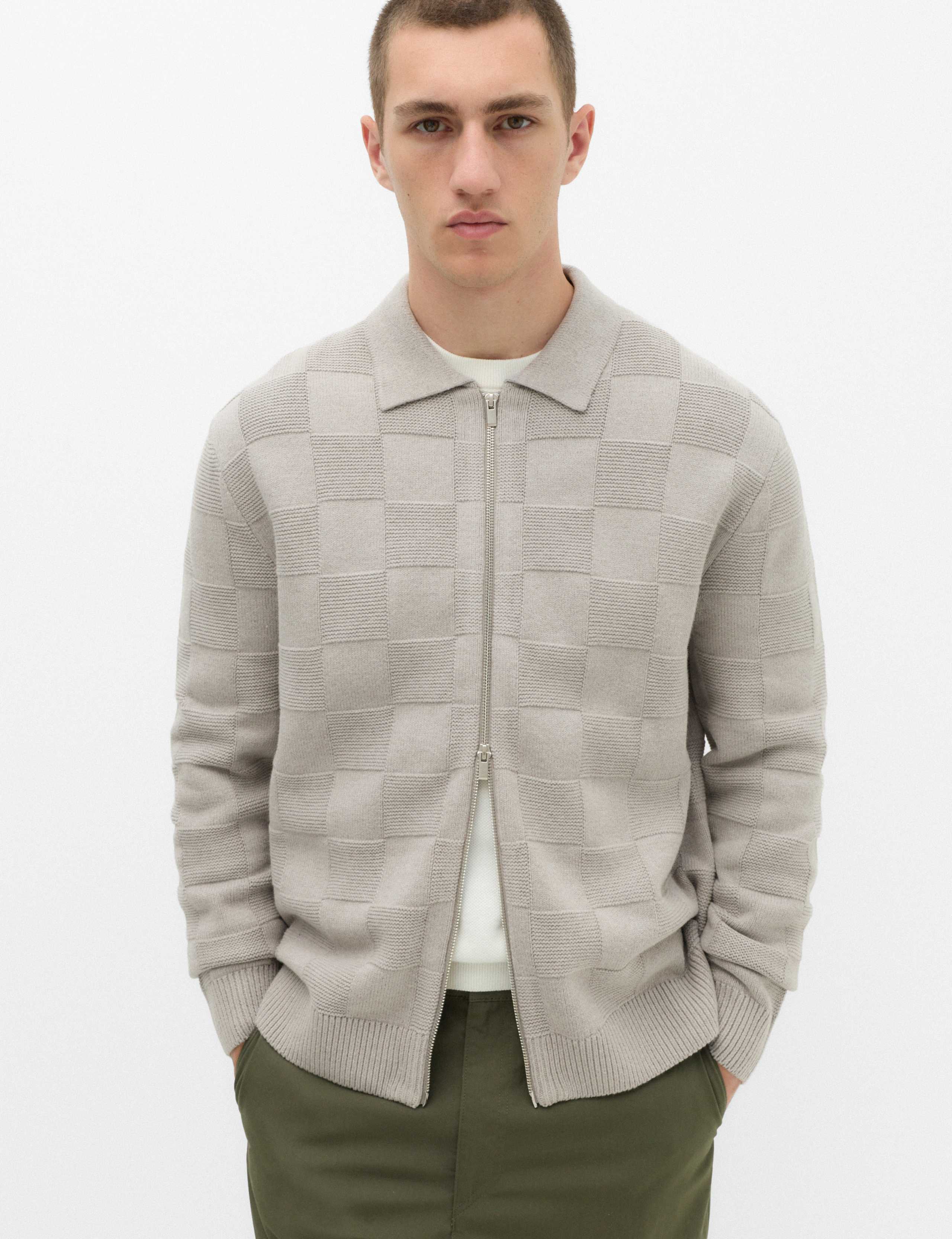 Cotton Rich Checked Zip Up Knitted Jacket