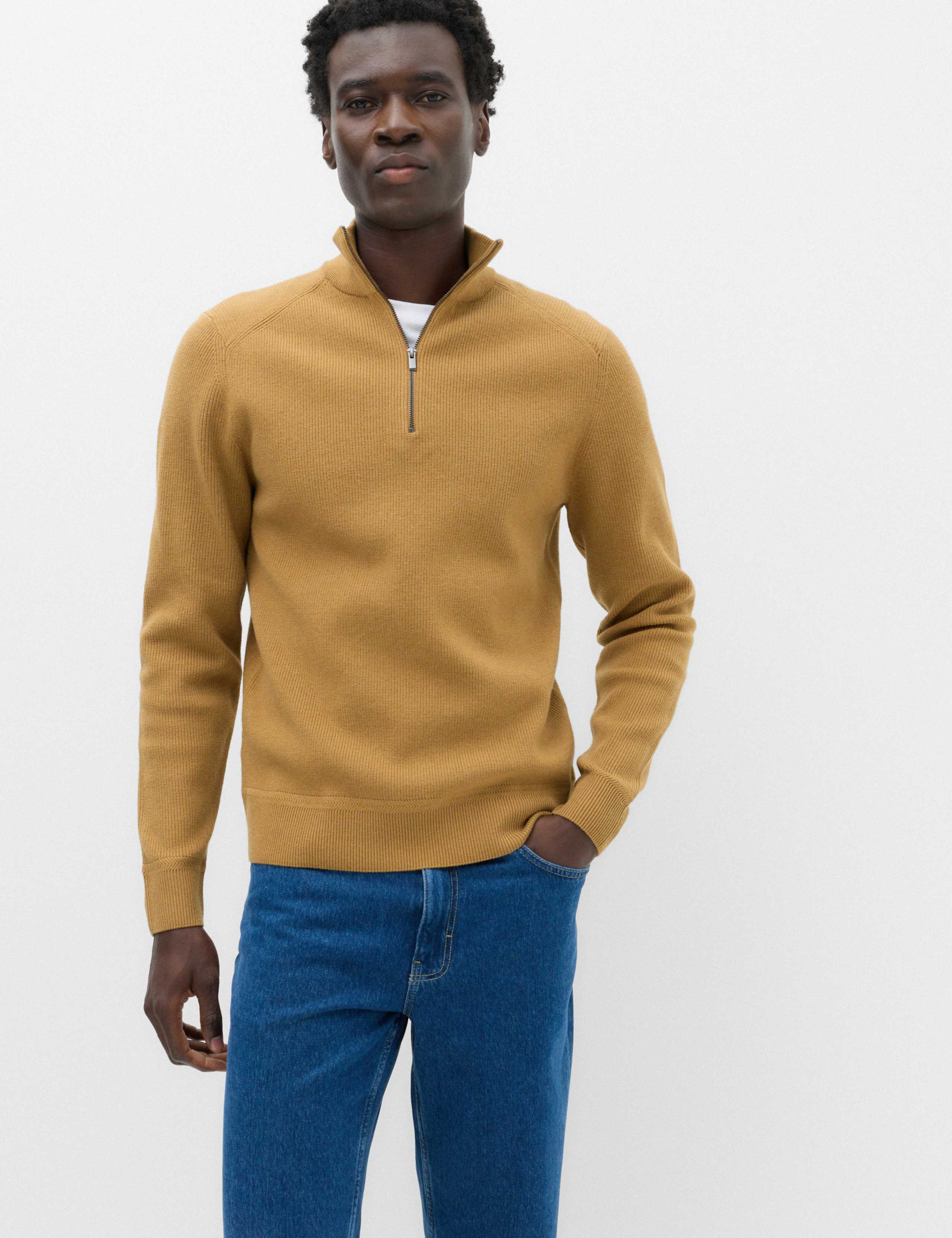 Cotton Blend Ribbed Half Zip Jumper