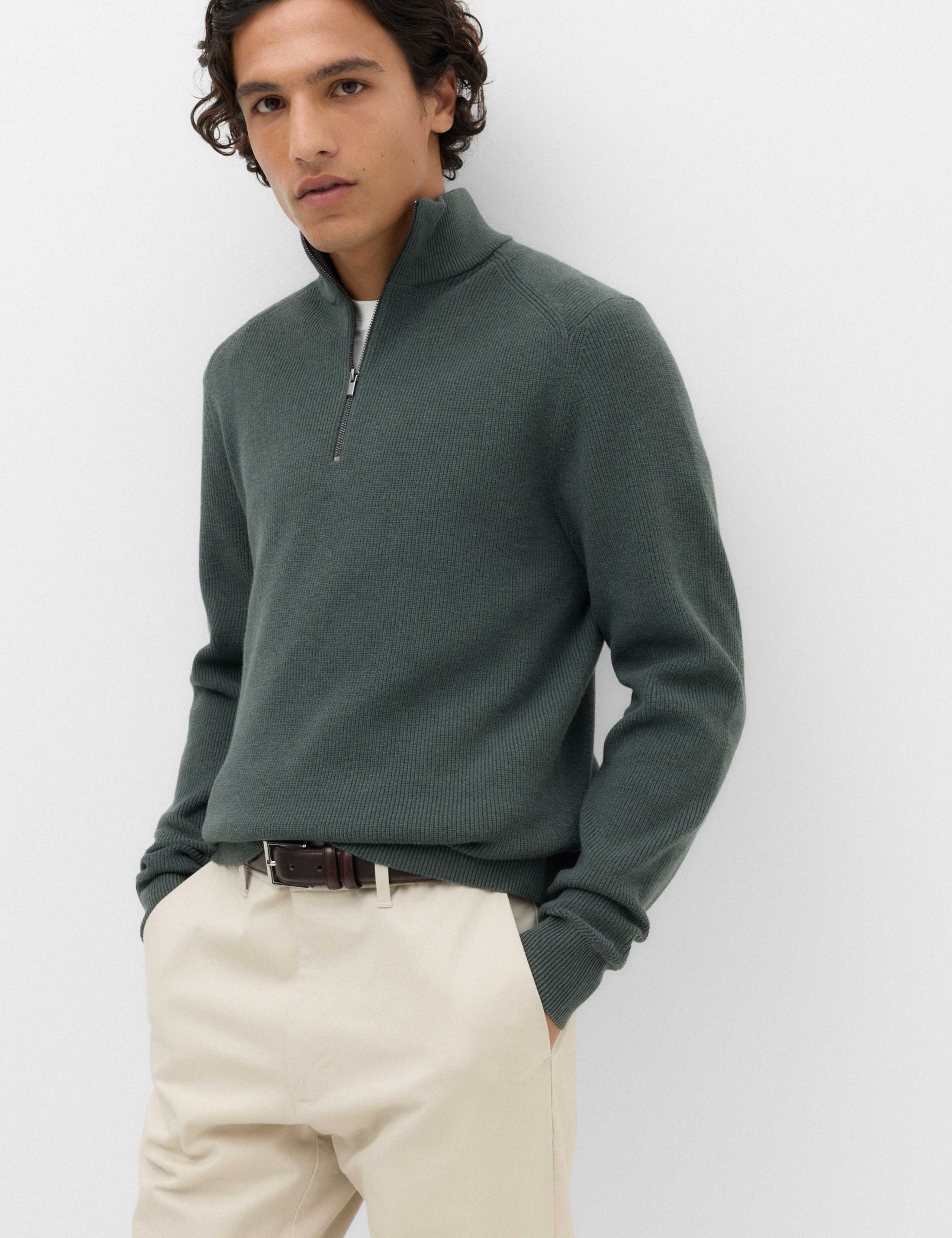 Cotton Blend Ribbed Half Zip Jumper