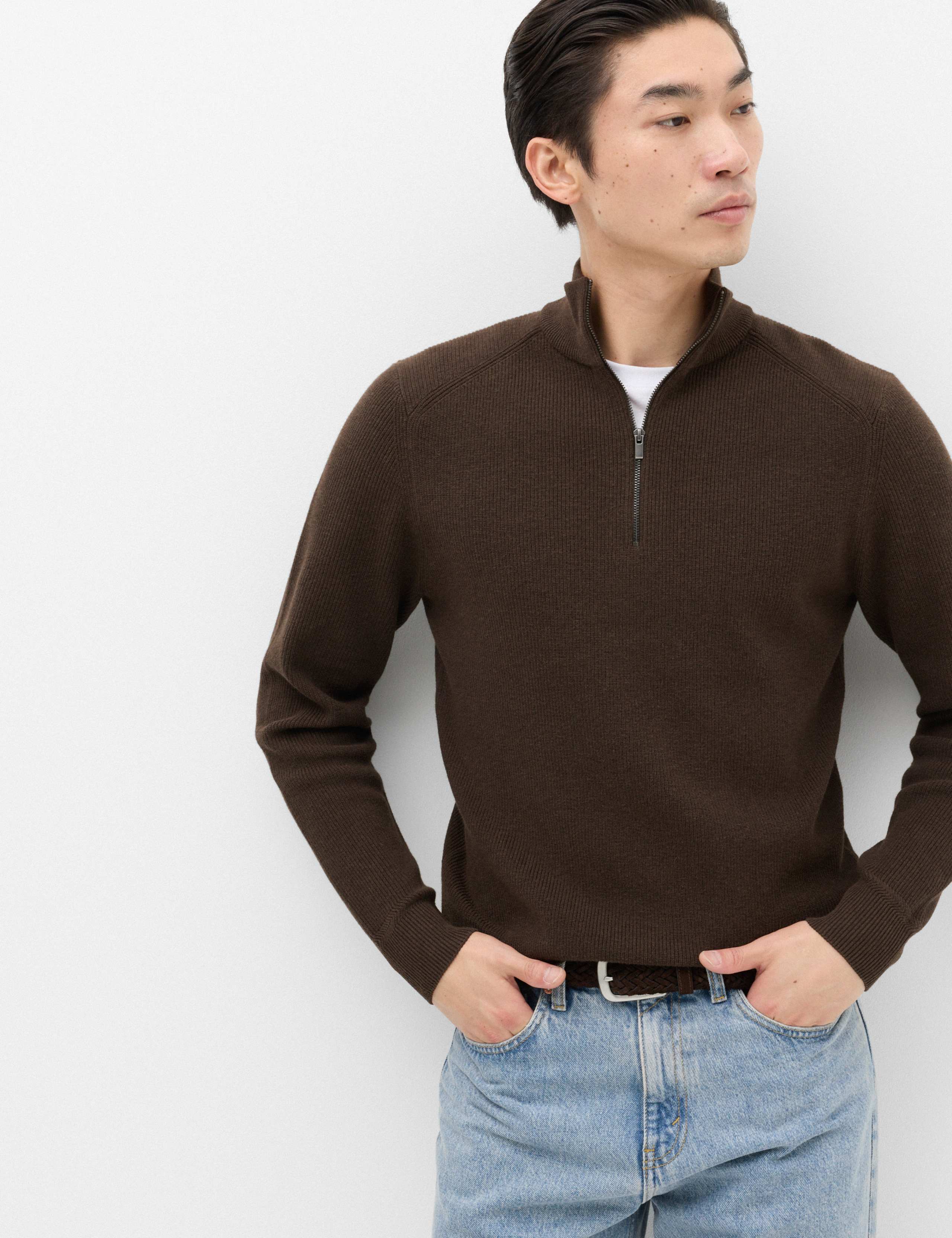 Cotton Blend Ribbed Half Zip Jumper