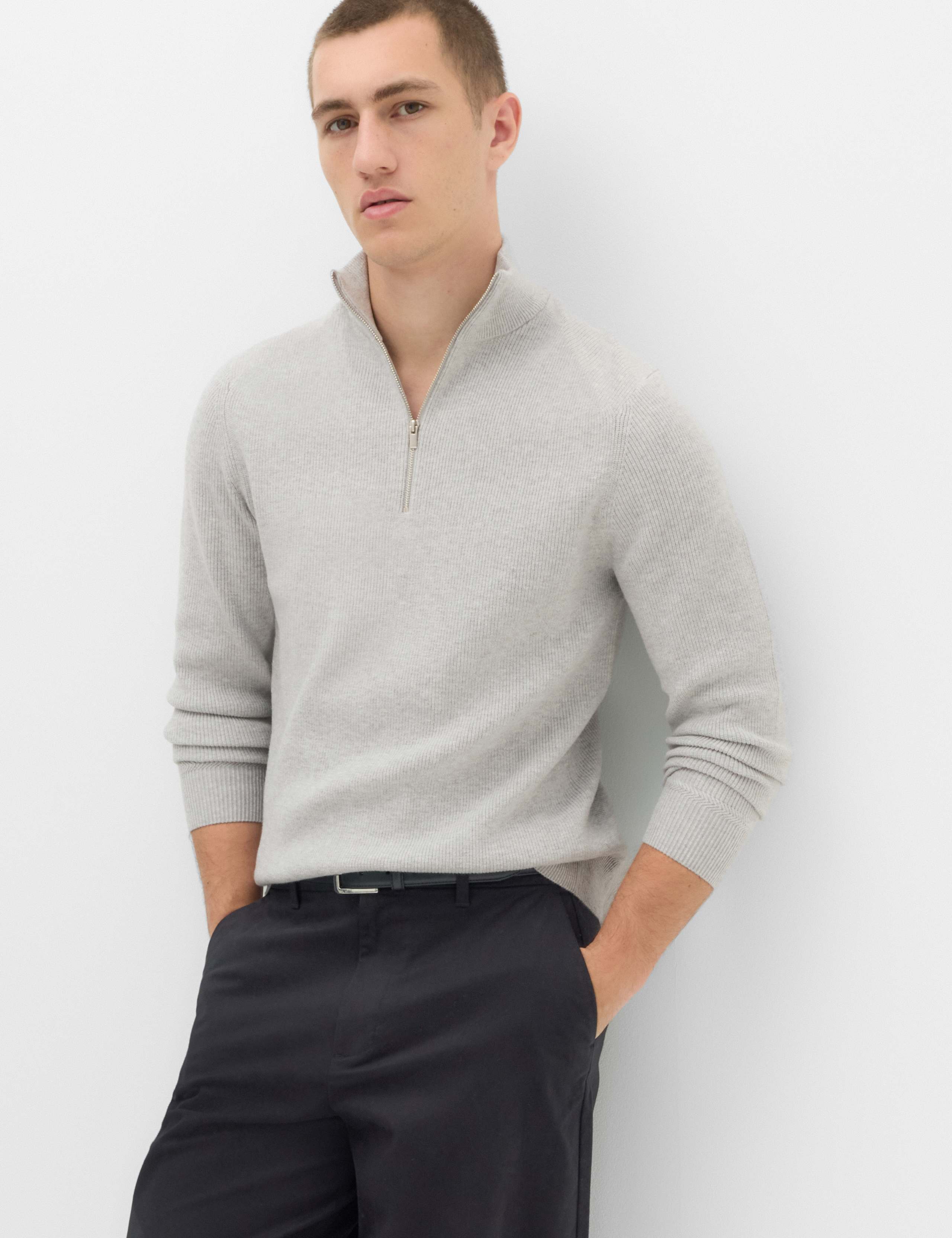 Cotton Blend Ribbed Half Zip Jumper