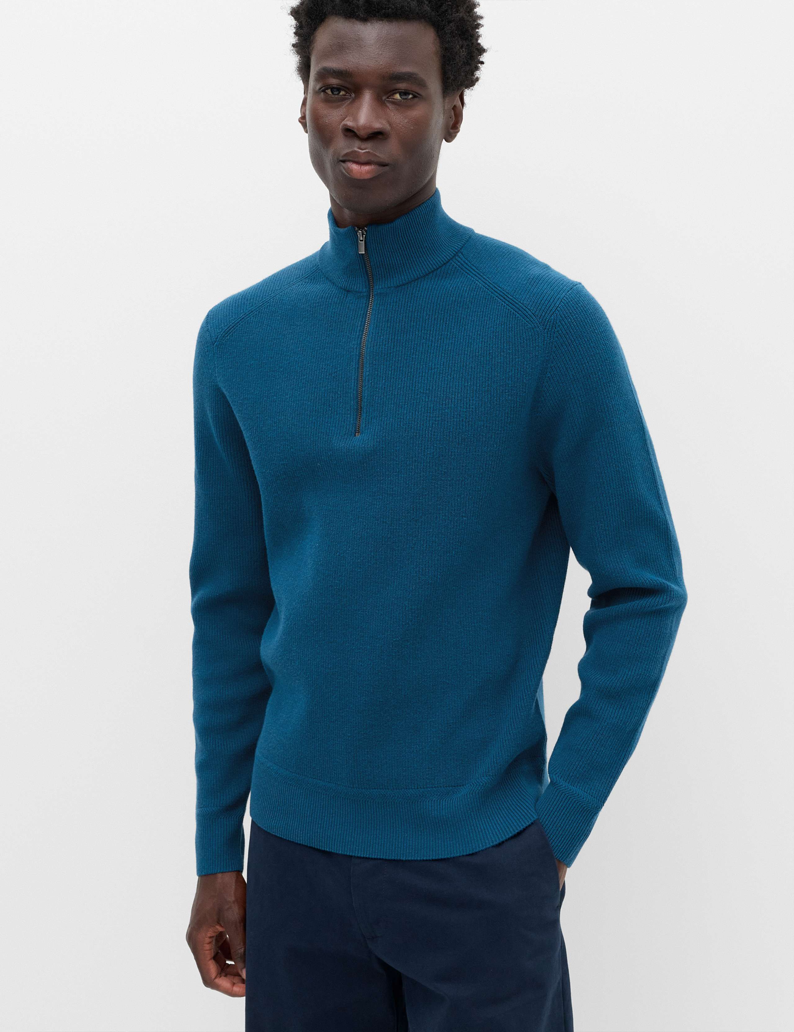 Cotton Blend Ribbed Half Zip Jumper