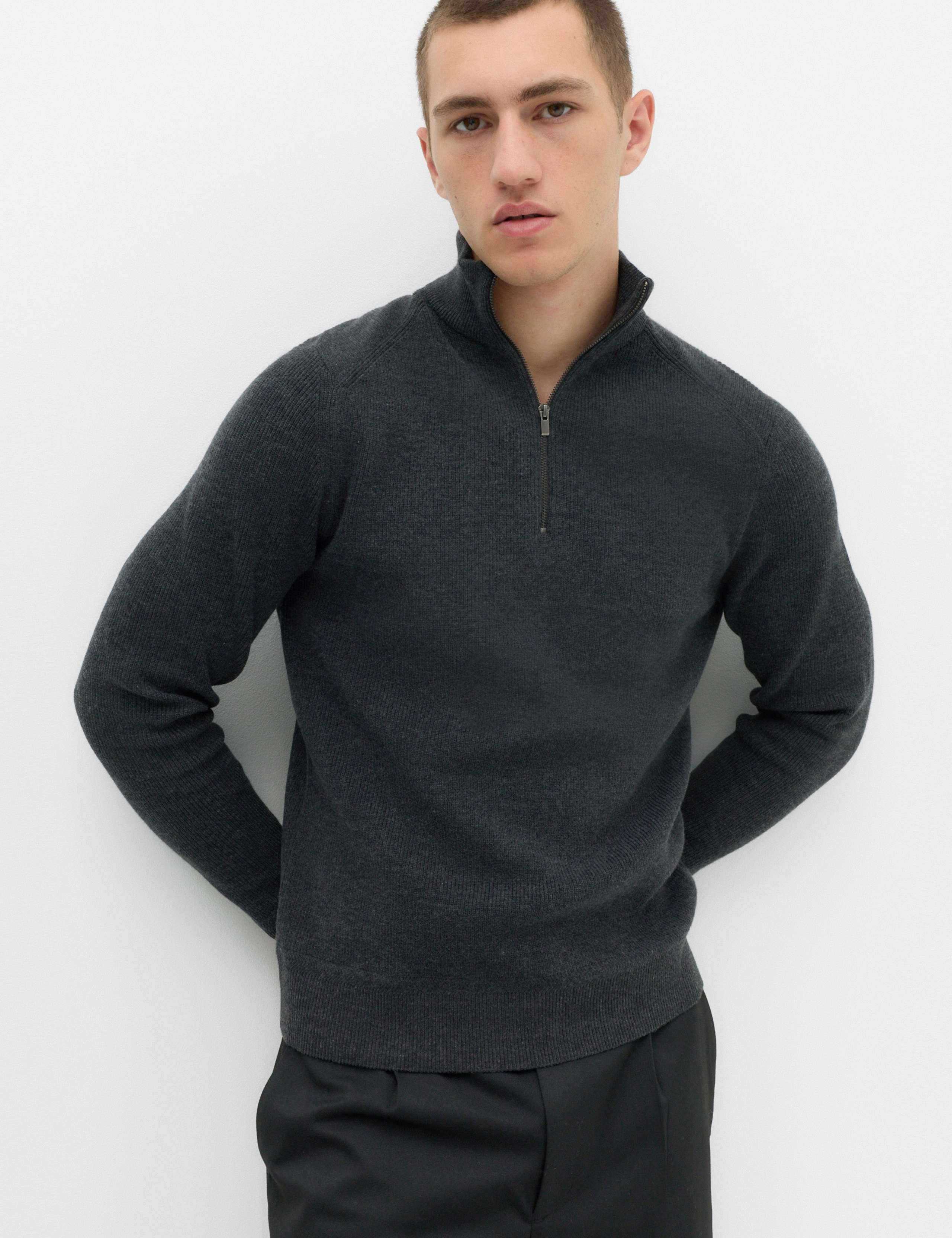 Cotton Blend Ribbed Half Zip Jumper