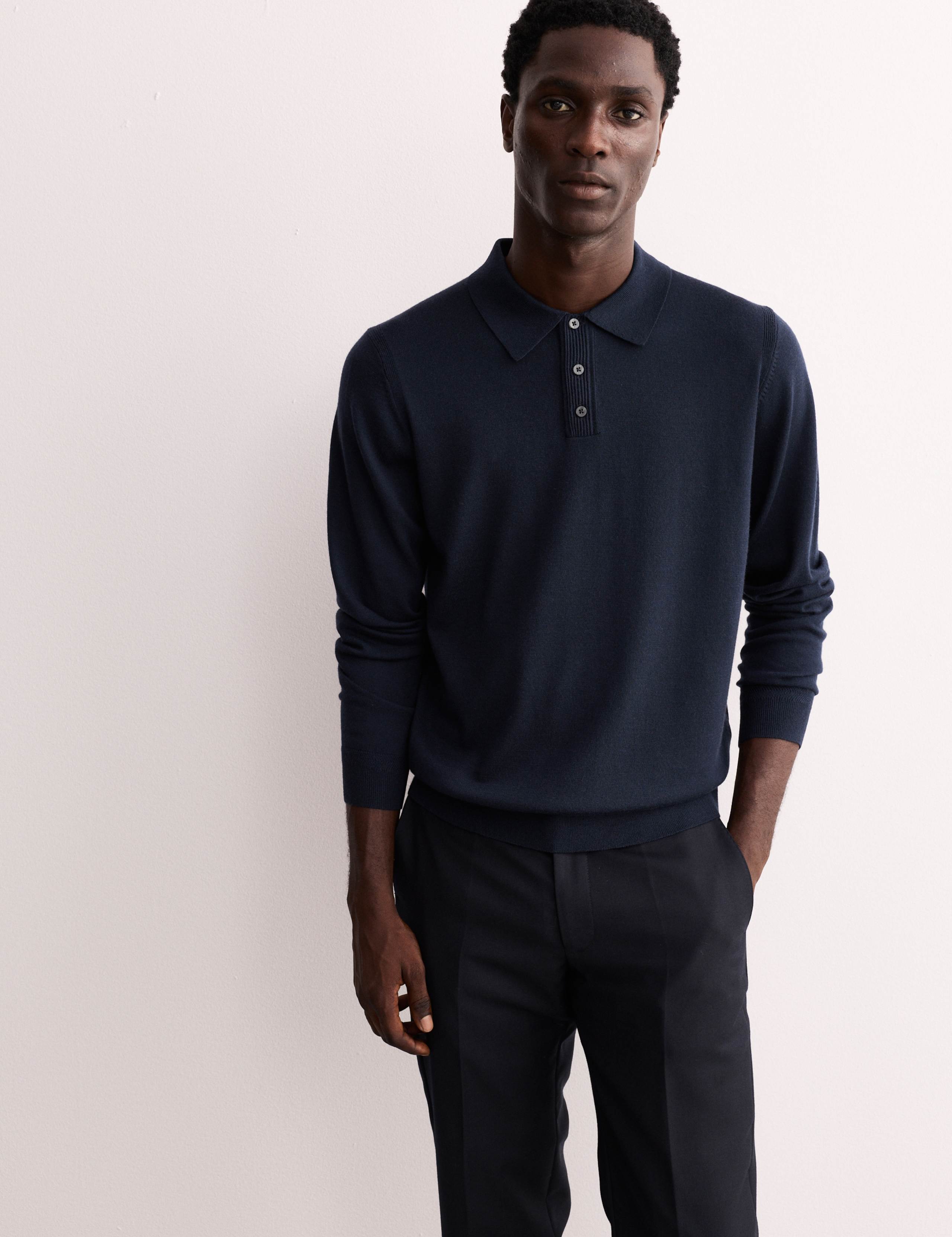 Extra Fine Merino Silk Button Polo Shirt