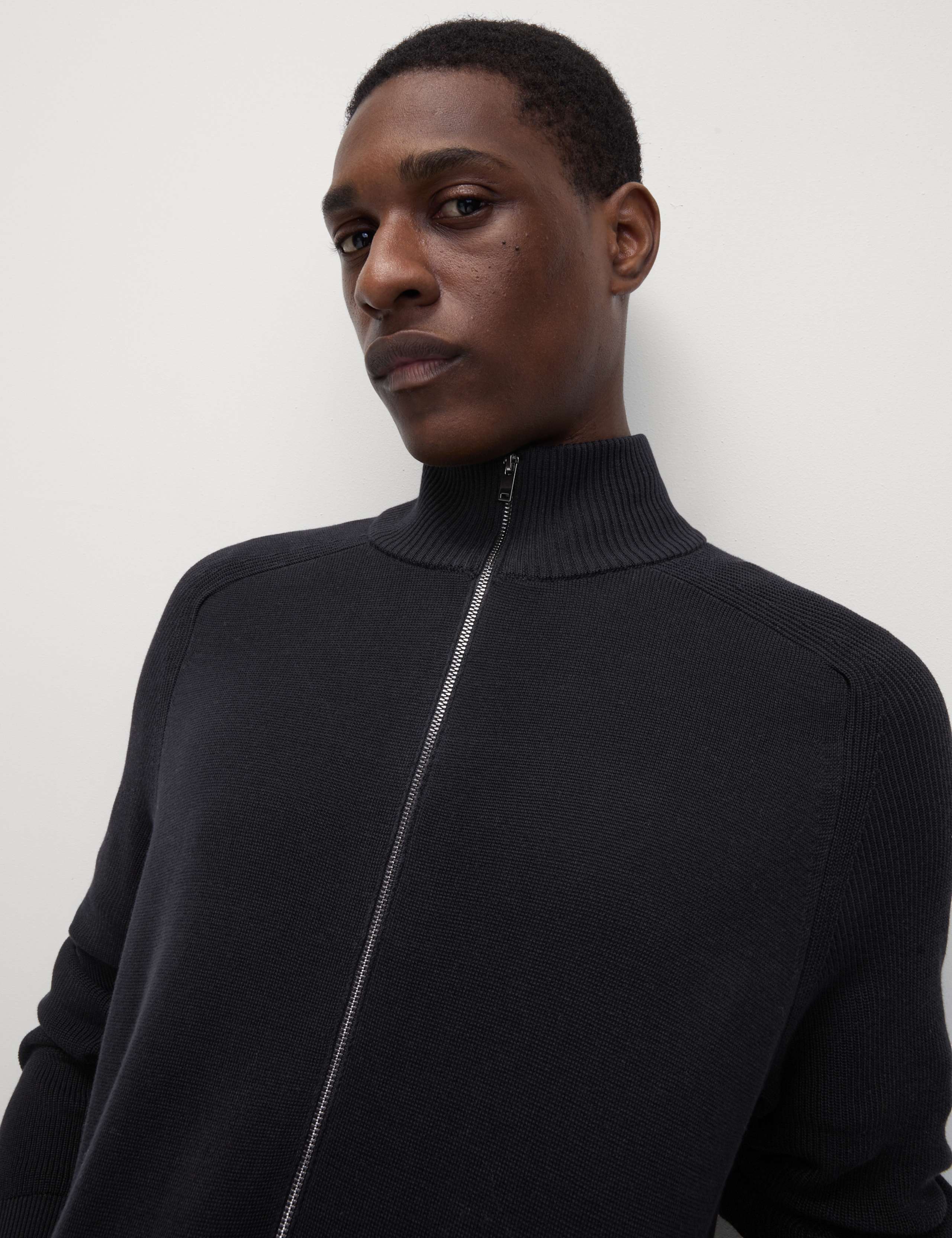 Cotton Rich Milano-Knit Funnel Neck Knitted Jacket