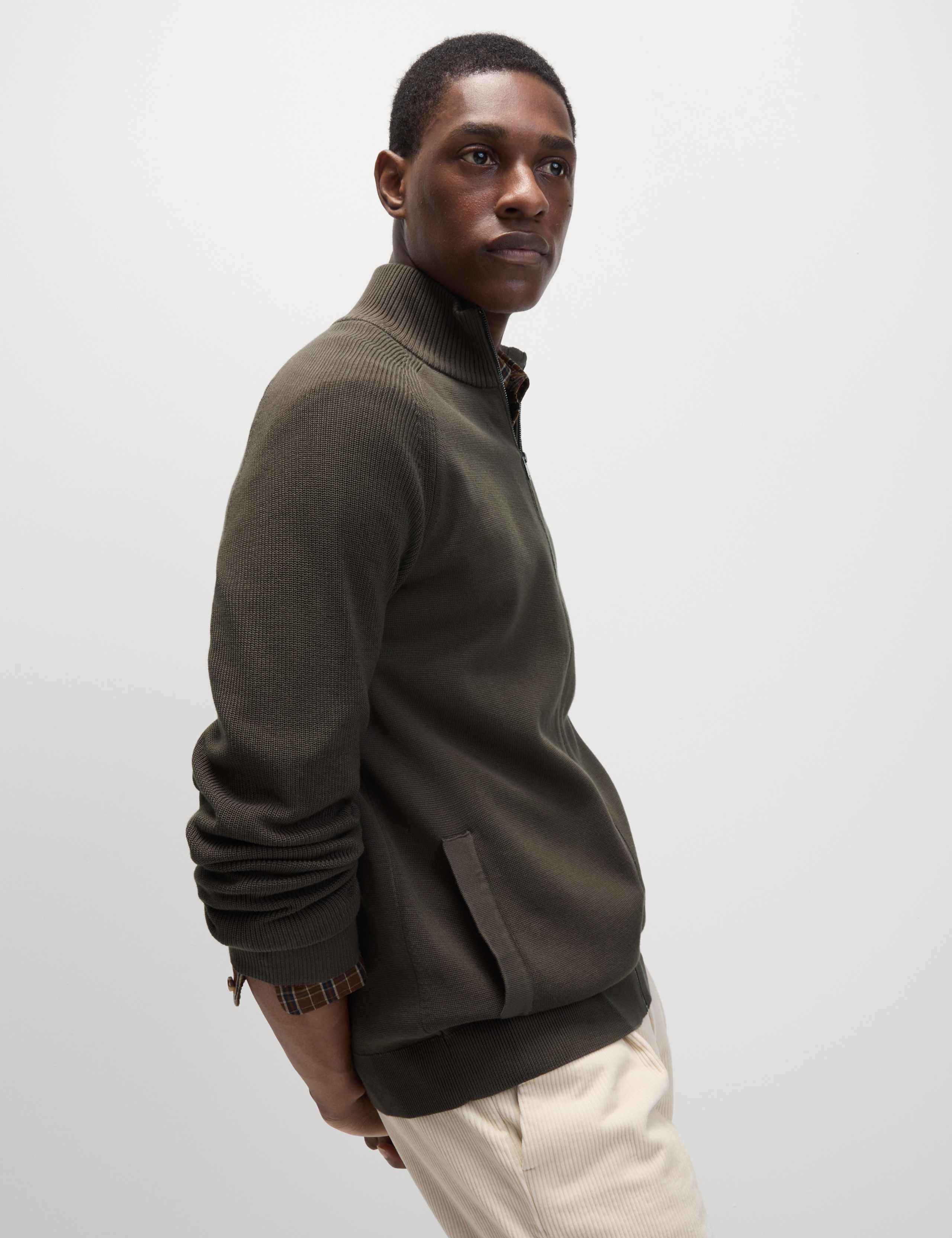 Cotton Rich Milano-Knit Funnel Neck Knitted Jacket