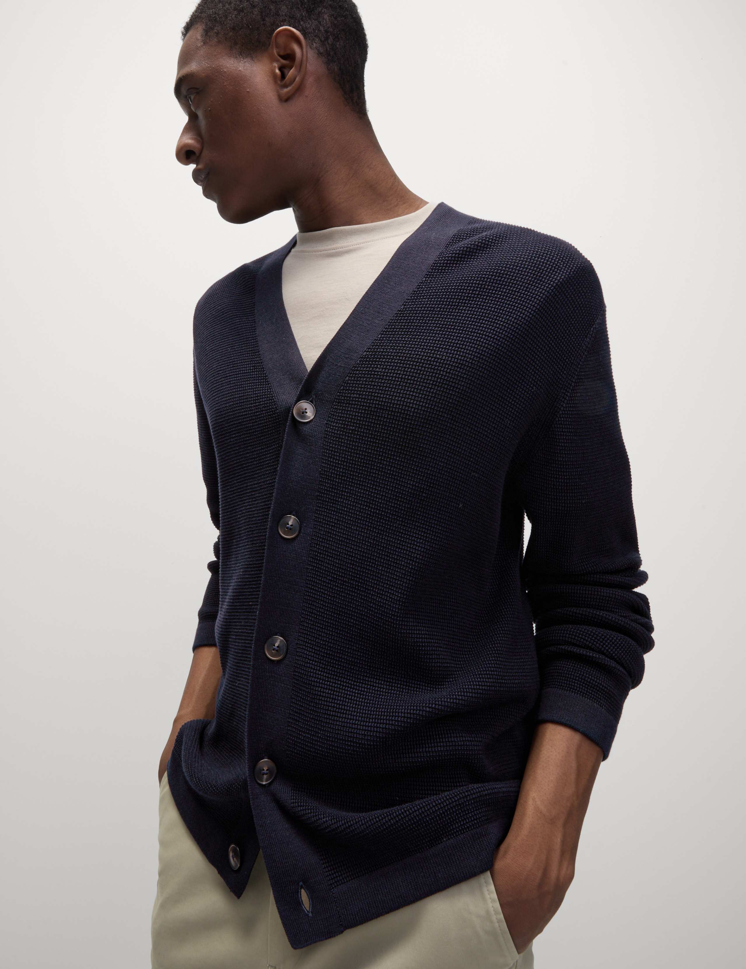 Cotton Modal Blend Textured V-Neck Cardigan