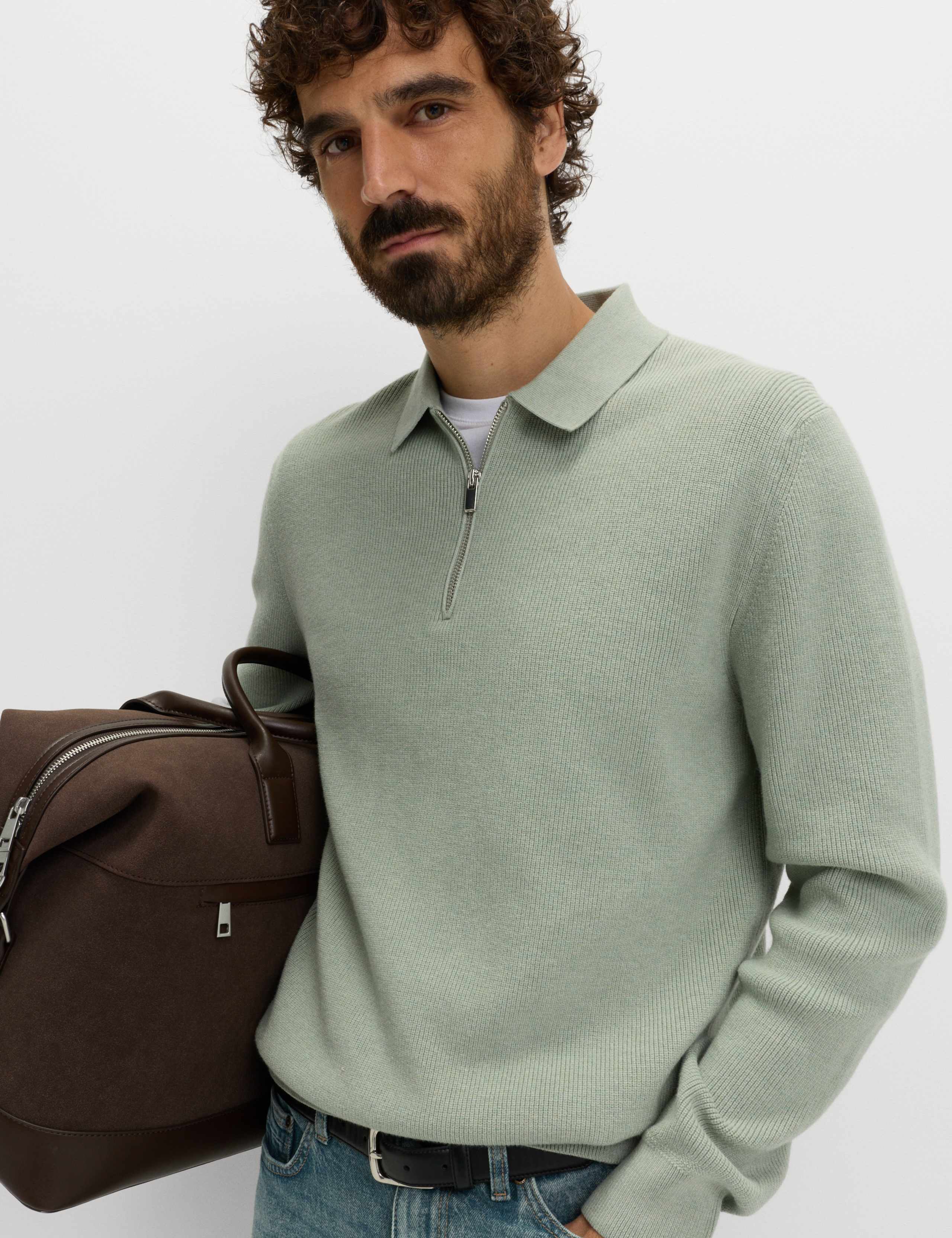 Cotton Blend Ribbed Knitted Polo Shirt