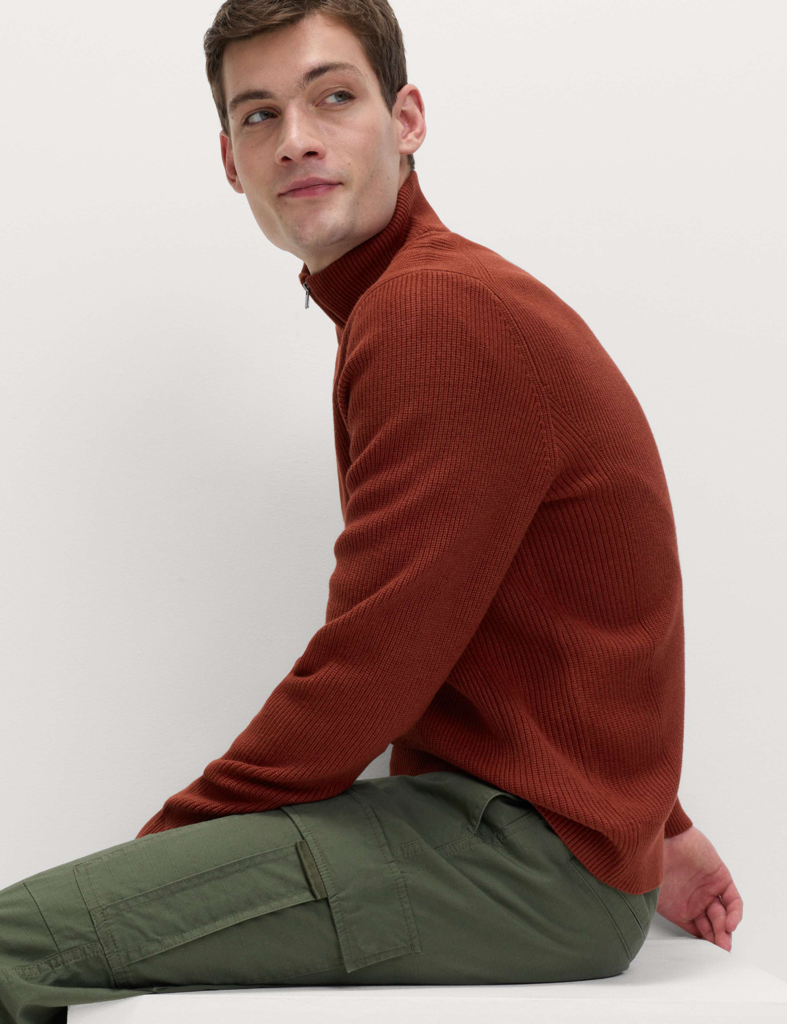 Cotton Blend Ribbed Half Zip Jumper