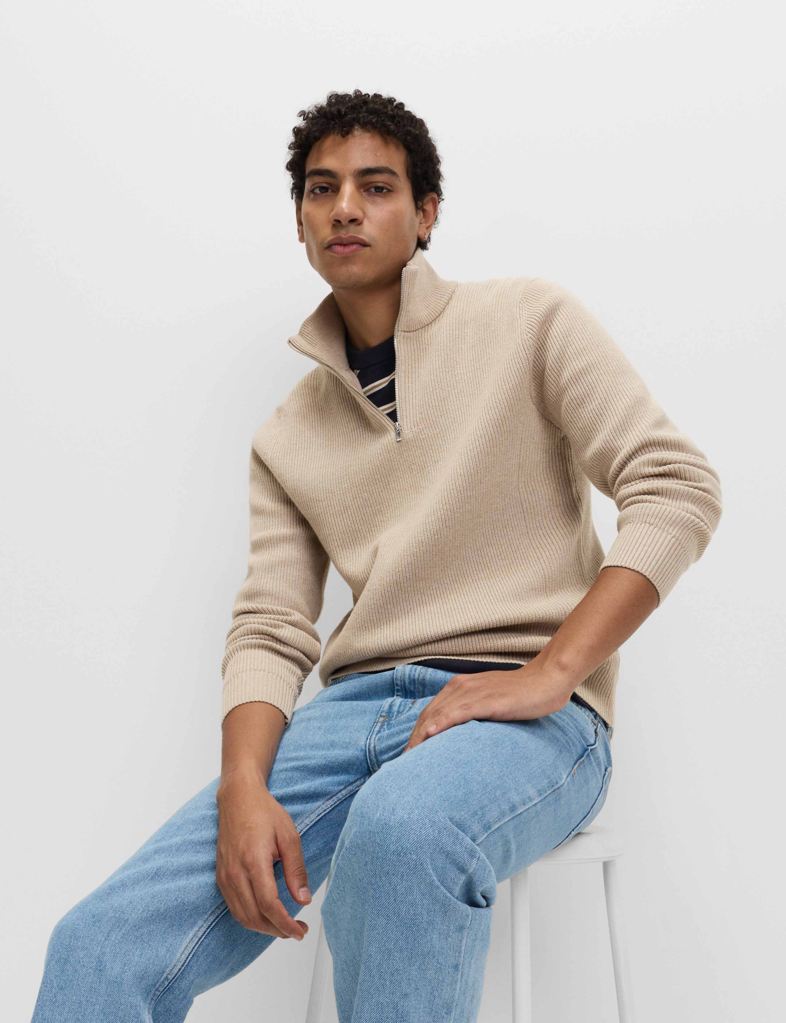 Cotton Blend Ribbed Half Zip Jumper
