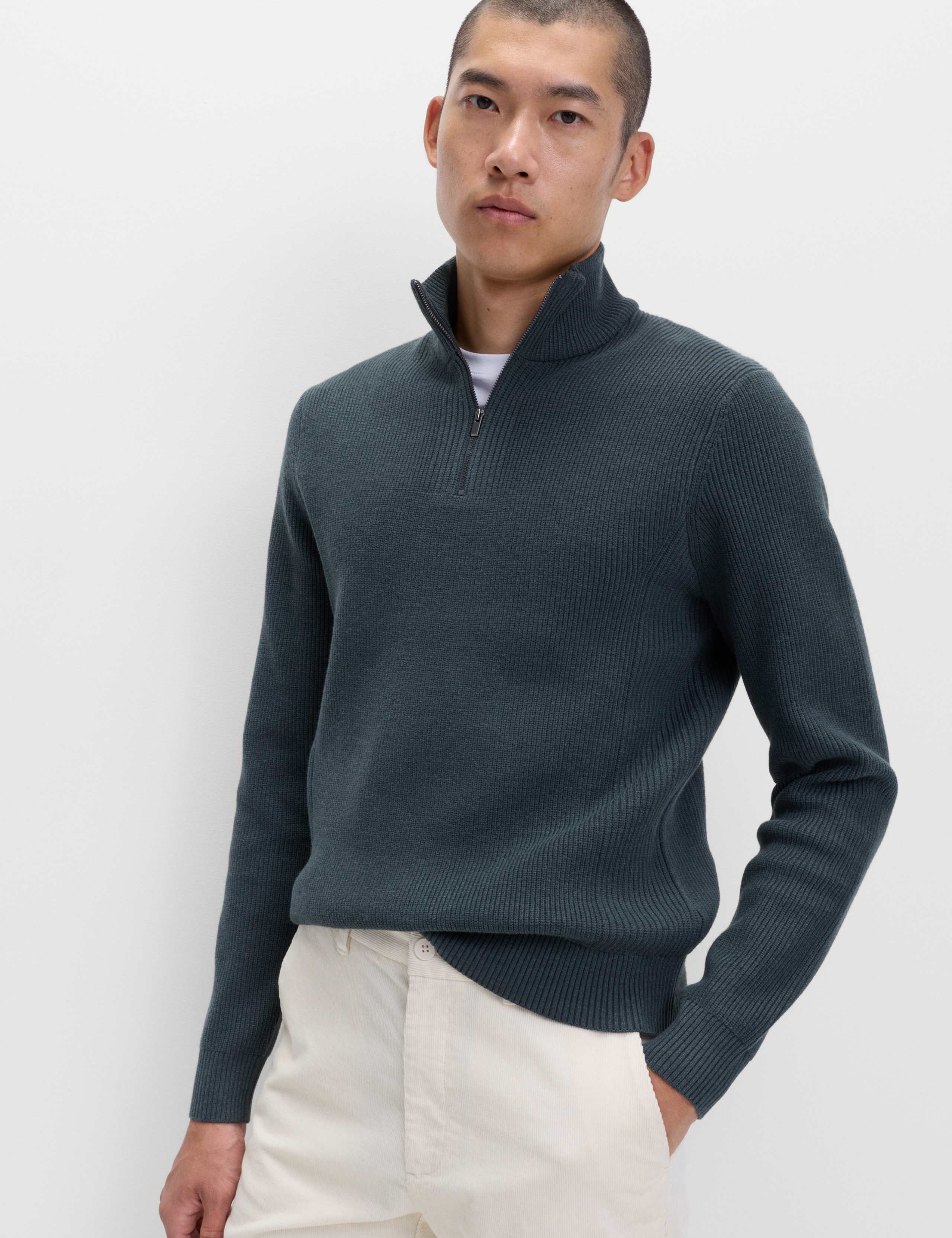 Cotton Blend Rib Half Zip Jumper