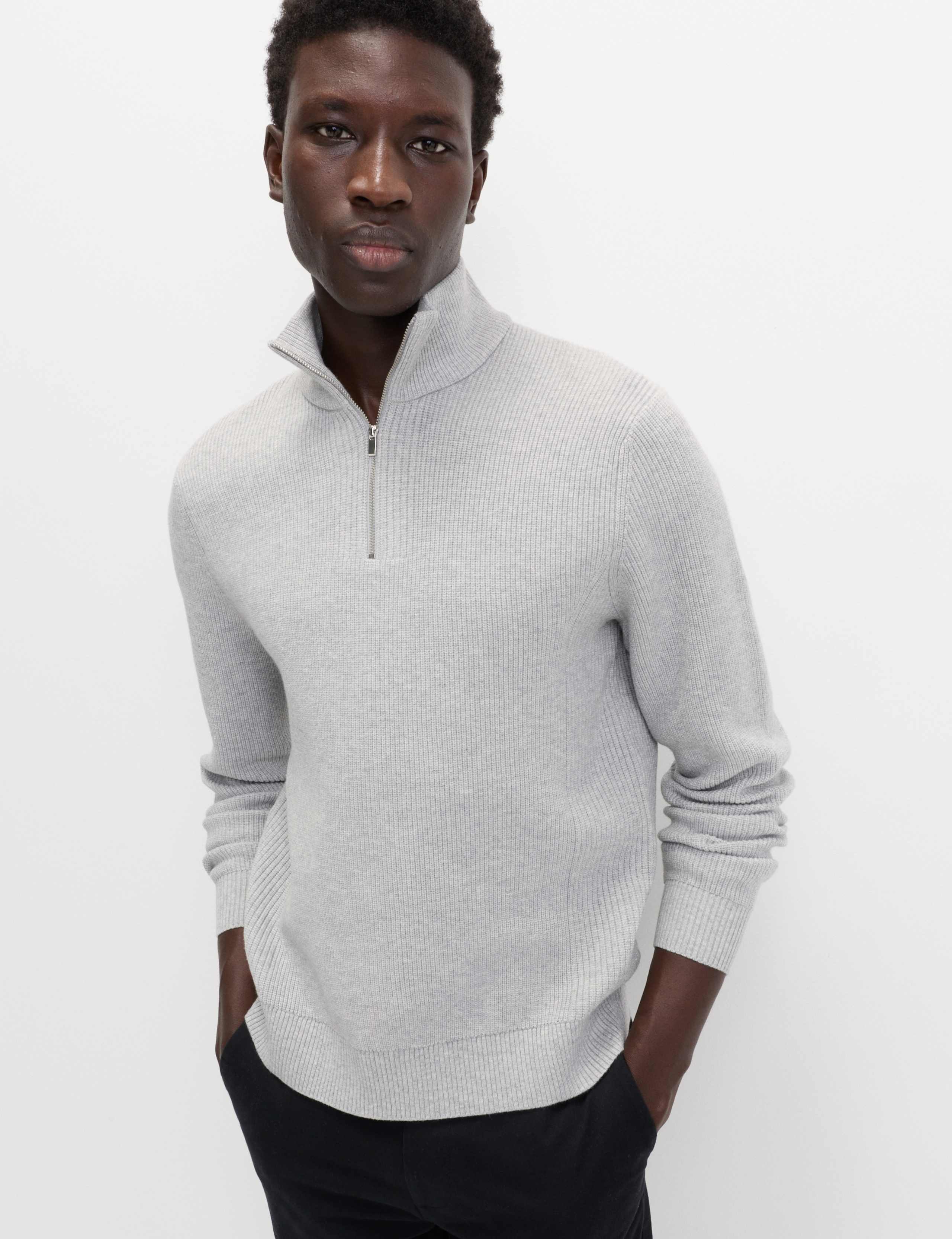 Cotton Blend Rib Half Zip Jumper