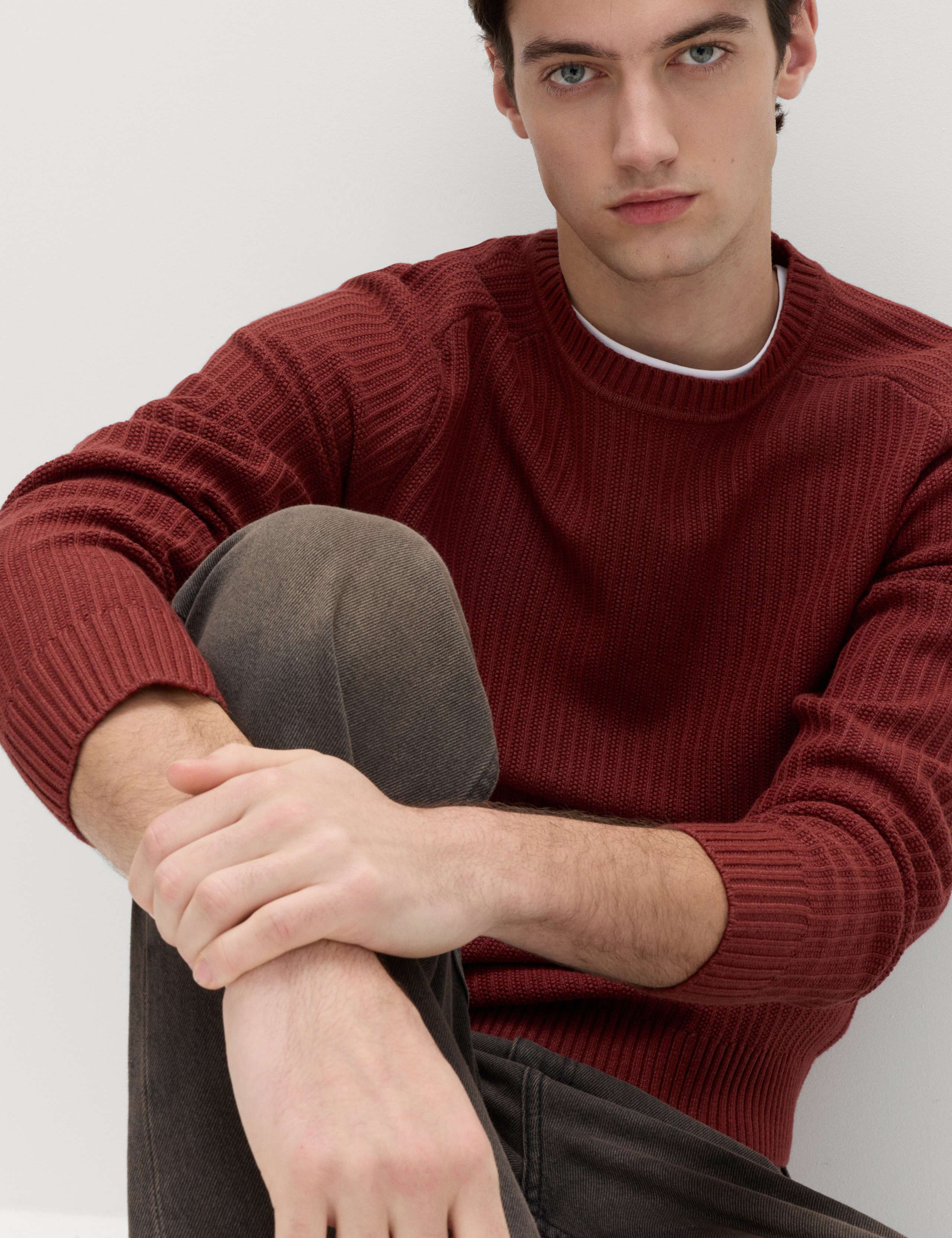 Cotton Blend Textured Crew Neck Jumper