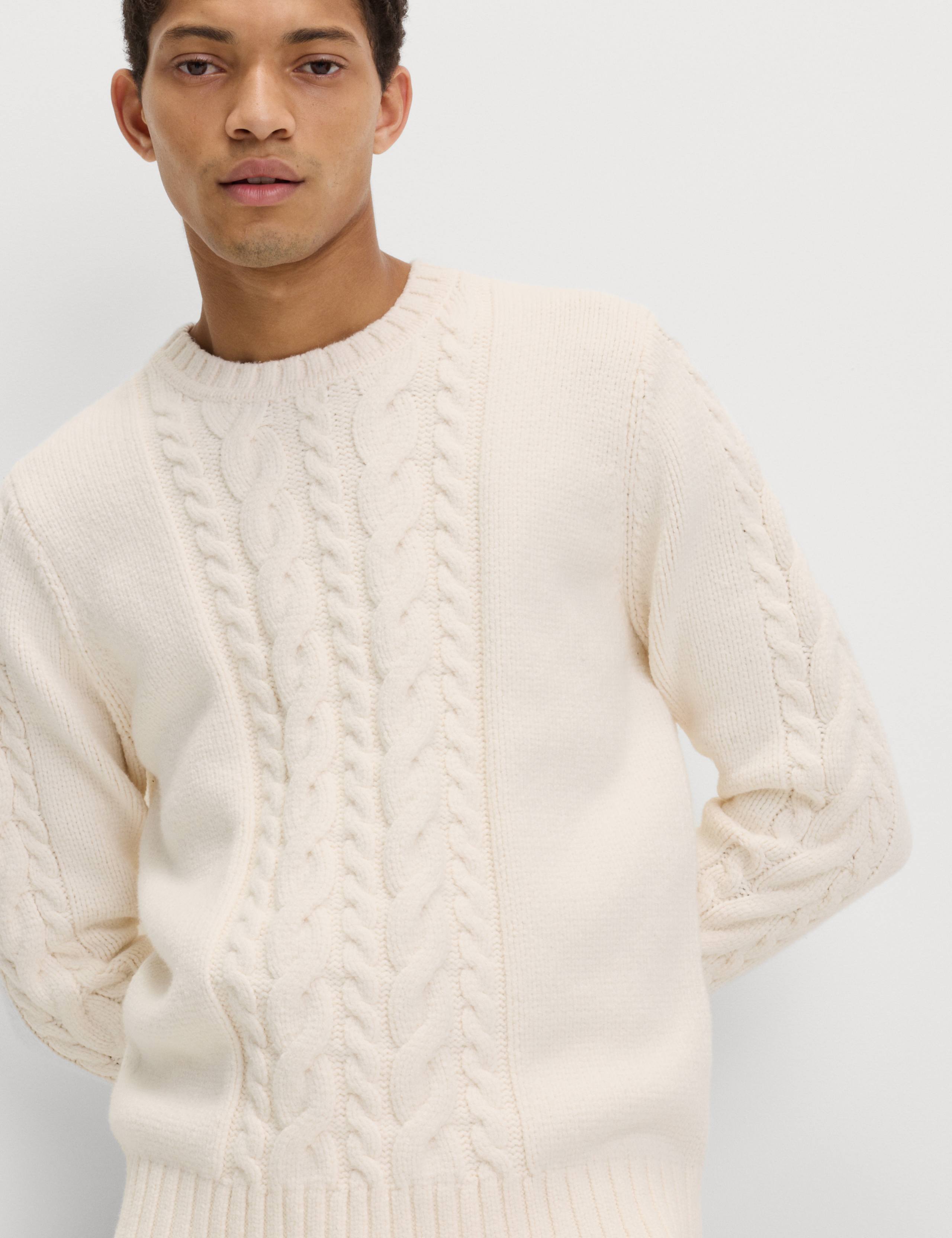 Cotton Blend Cable Knit Crew Neck Jumper