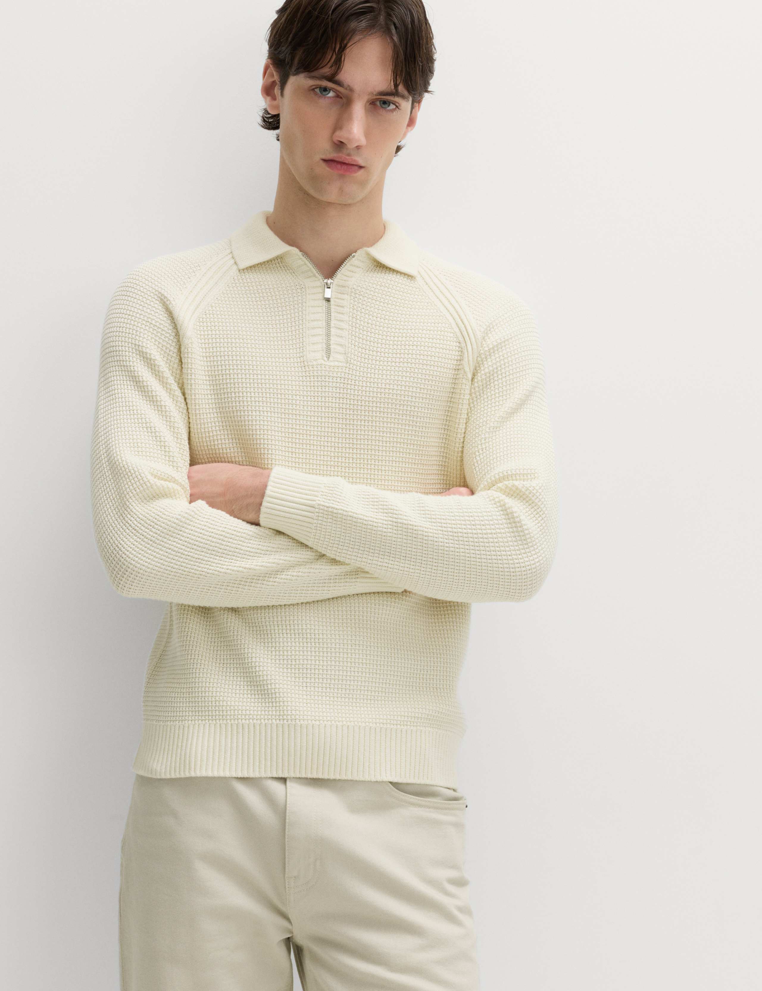 Pure Cotton Half Zip Fisherman's Rib Polo Shirt